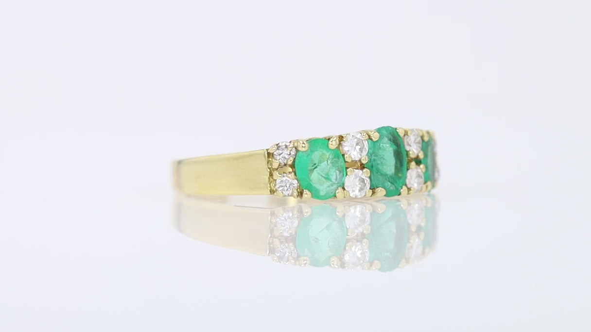 Vintage Emerald and Diamond 3 Stone Wedding Band