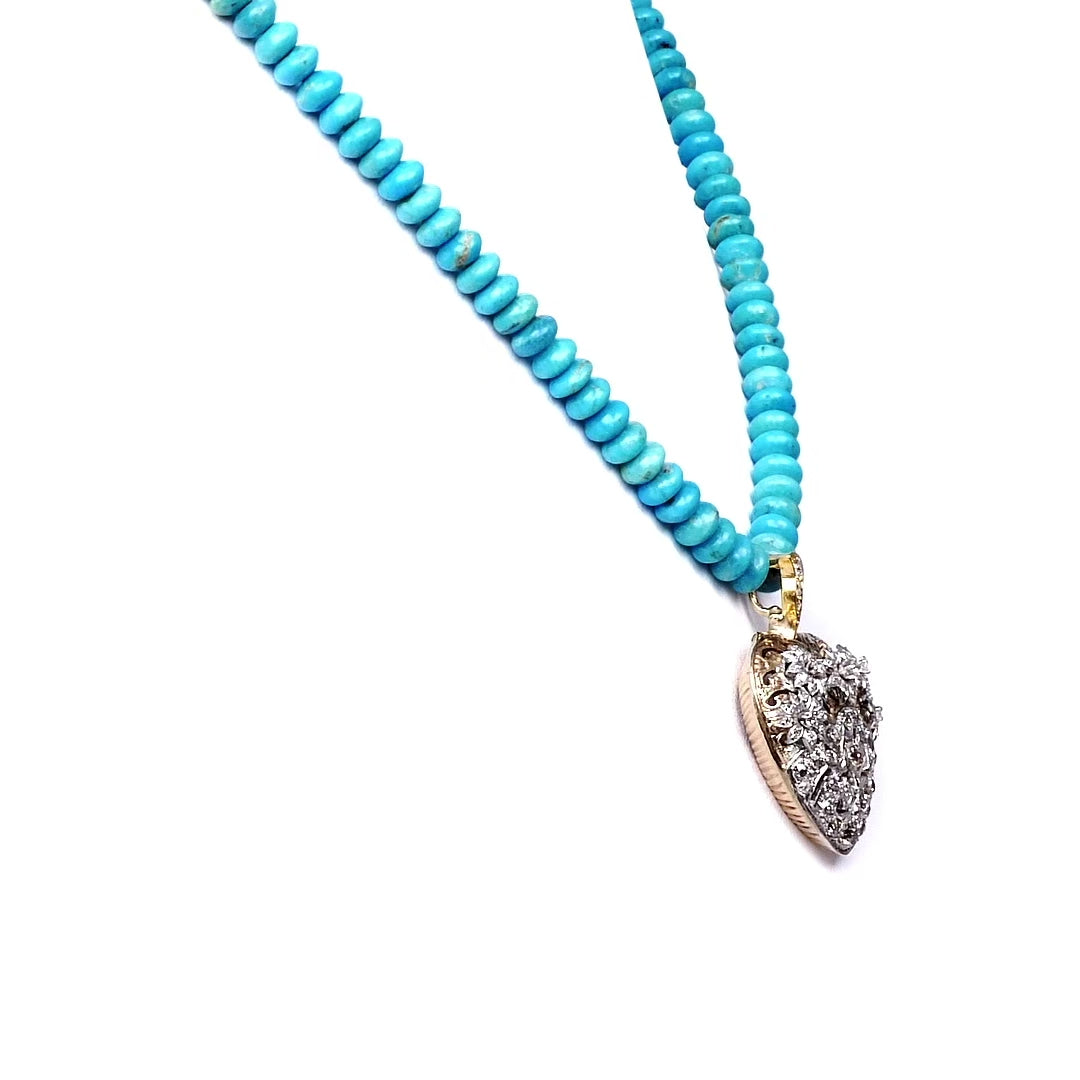 Antique Edwardian 14K Gold & Platinum Diamond Heart Turquoise Bead Necklace