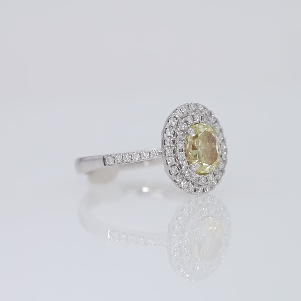 1.16 Carat Fancy Yellow Oval Diamond Double Halo Engagement Ring