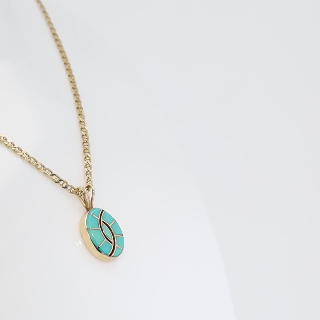 Signed Native American Inlay Kingman Turquoise 14k Gold Pendant Necklace