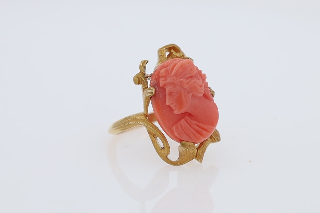 Antique Art Nouveau Coral Cameo Ornate Ring