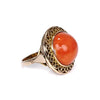 Retro 1940s Coral Cabochon 14k Yellow Gold Filigree Dome Cocktail Ring