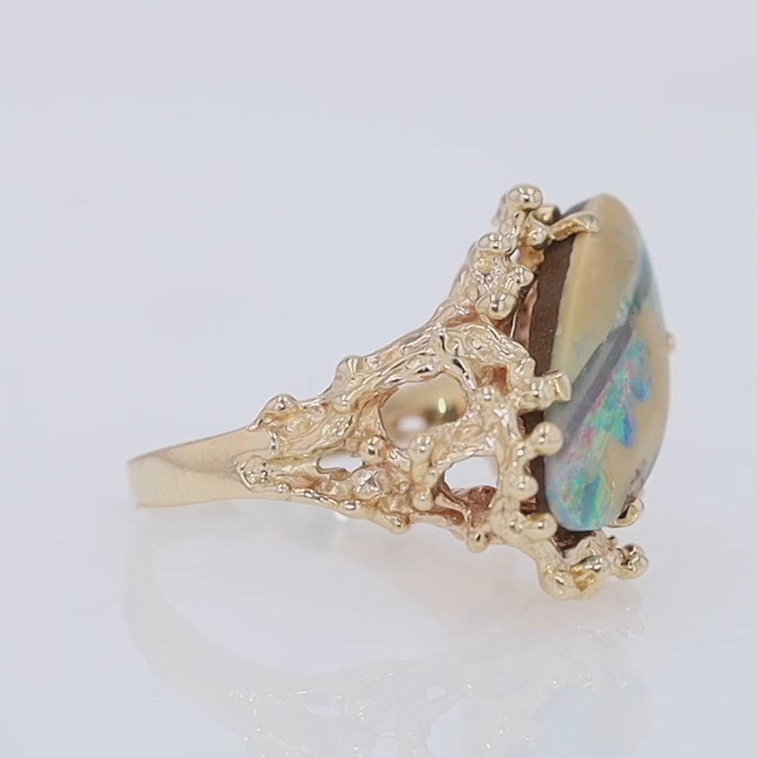 Brutalist Boulder Opal & 14k Gold Nugget Ring