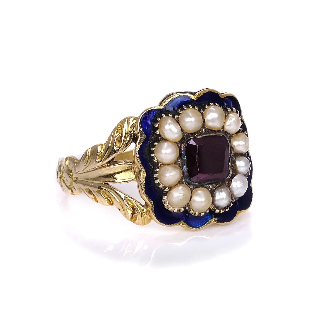 Antique Georgian Garnet Pearl & Enamel Mourning Ring, 1820