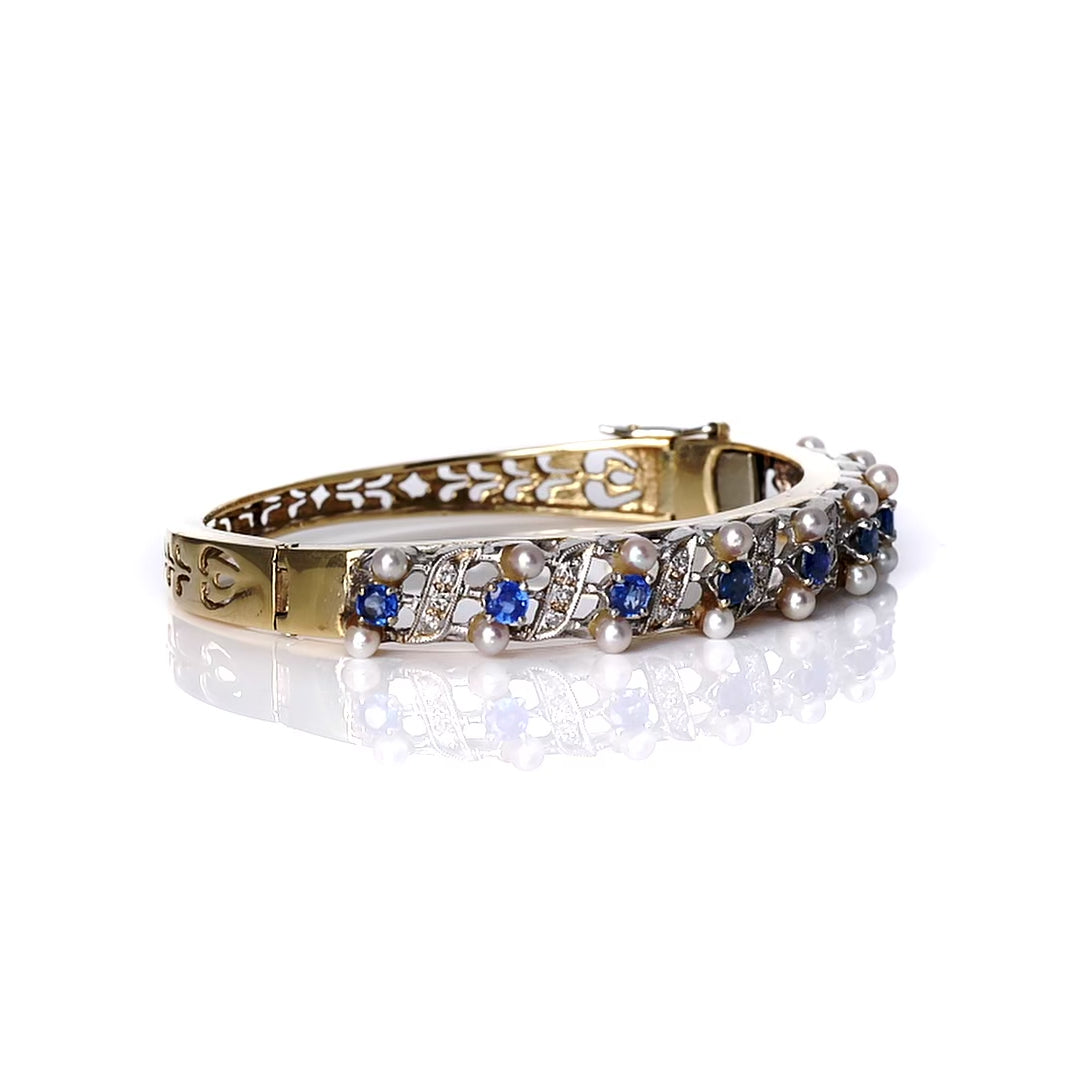 Art Nouveau Sapphire Diamond & Natural Pearl Gold Bangle Bracelet