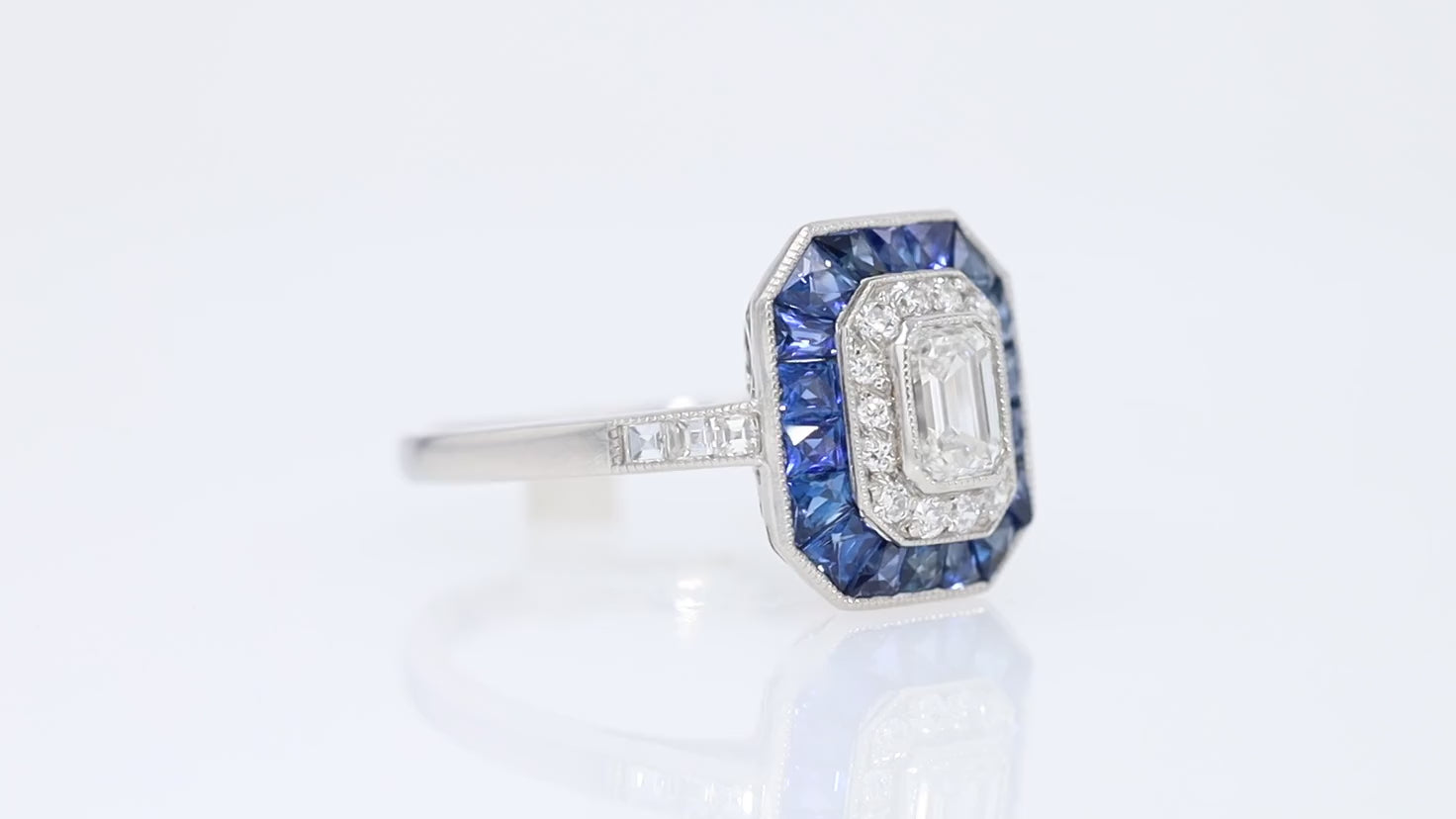 1/2 Carat Emerald Cut Diamond Art Deco Style Sapphire Halo Engagement Ring