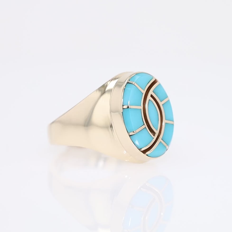 Zuni Style Turquoise Inlay Estate 14k Yellow Gold Ring