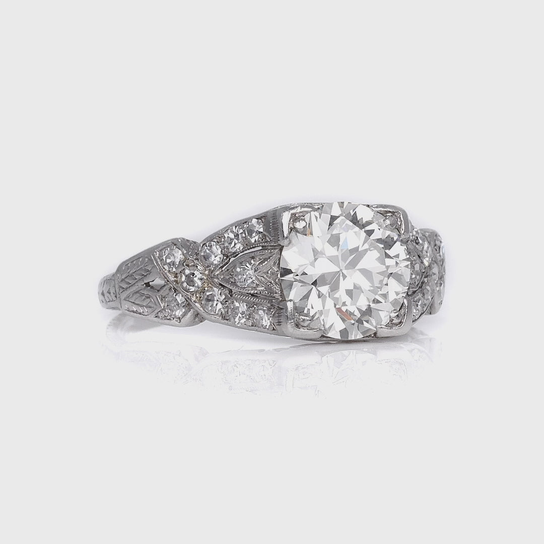 Antique Art Deco 1.64 Carat Old European Cut Diamond Engraved Engagement Ring