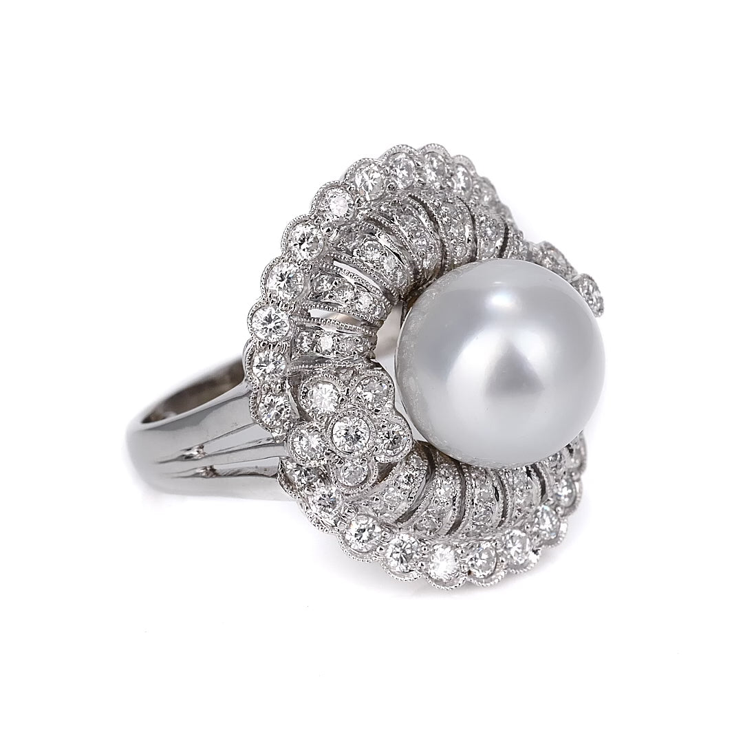 Estate Mid Century South Sea Pearl And Diamond Cocktail Ring