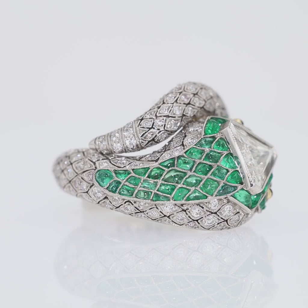 Art Deco Style Antique Triangular Step Cut & Emerald Snake Cocktail Ring