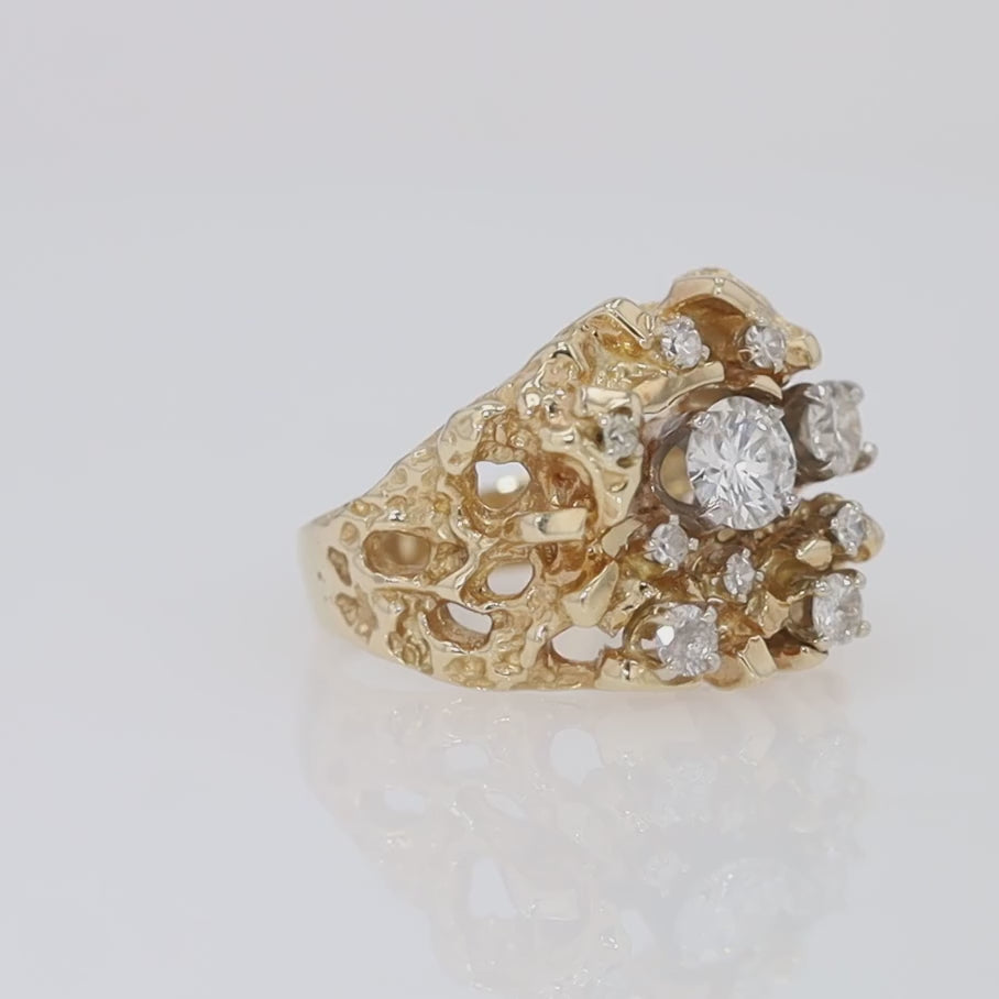 Vintage Brutalist 1 Carat TW Diamond & 14k Yellow Gold Nugget Ring