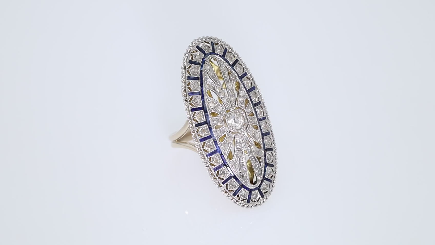 Behemoth Antique Filigree Edwardian Diamond & Sapphire Shield Cocktail Ring