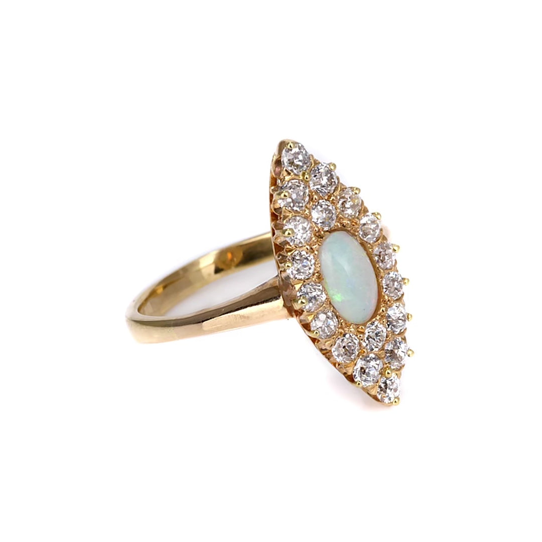 Antique Edwardian Opal and Diamond Navette Ring in 14k Gold Circa 1912