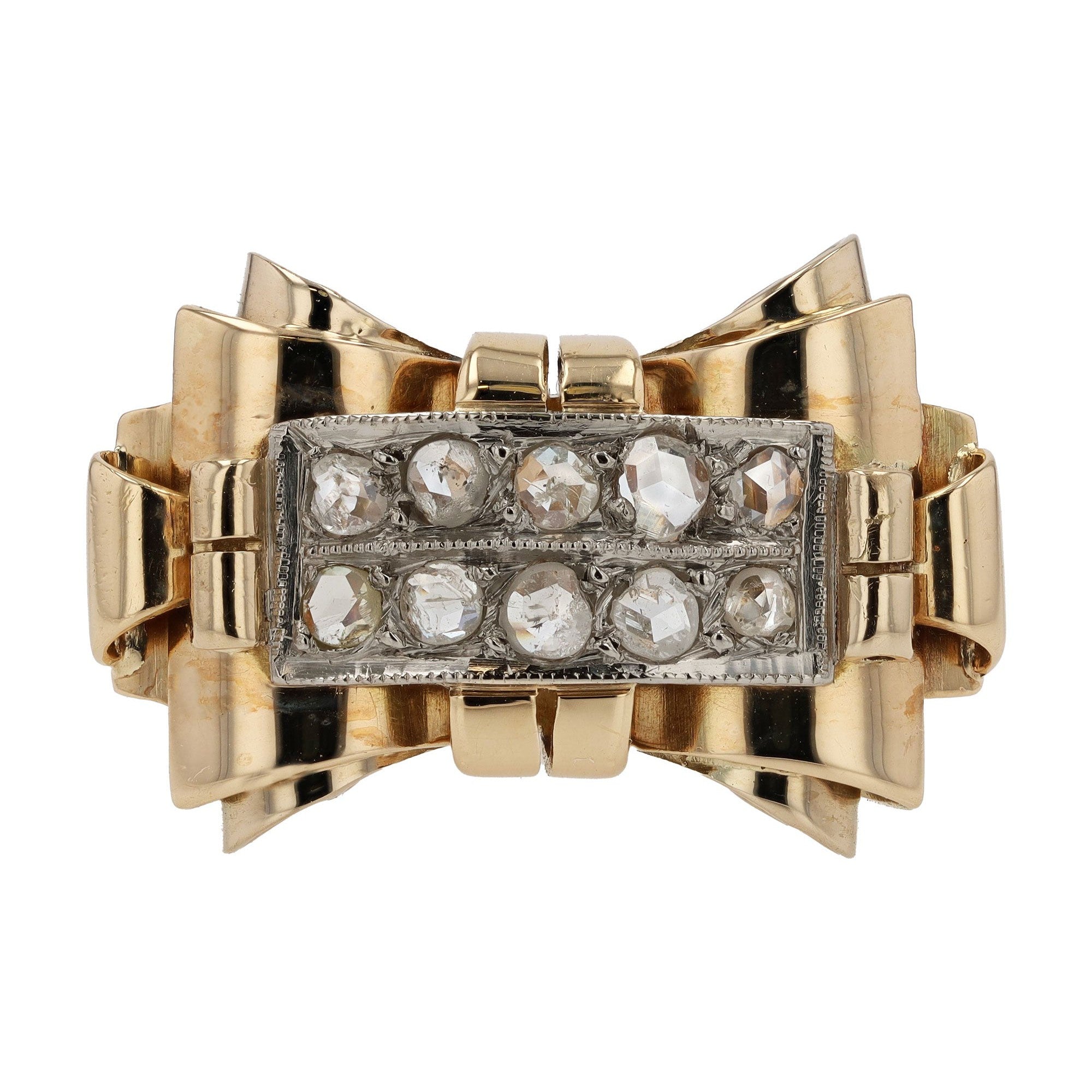 Retro 1940s Rose Cut Diamond 18K Gold Bow Ring
