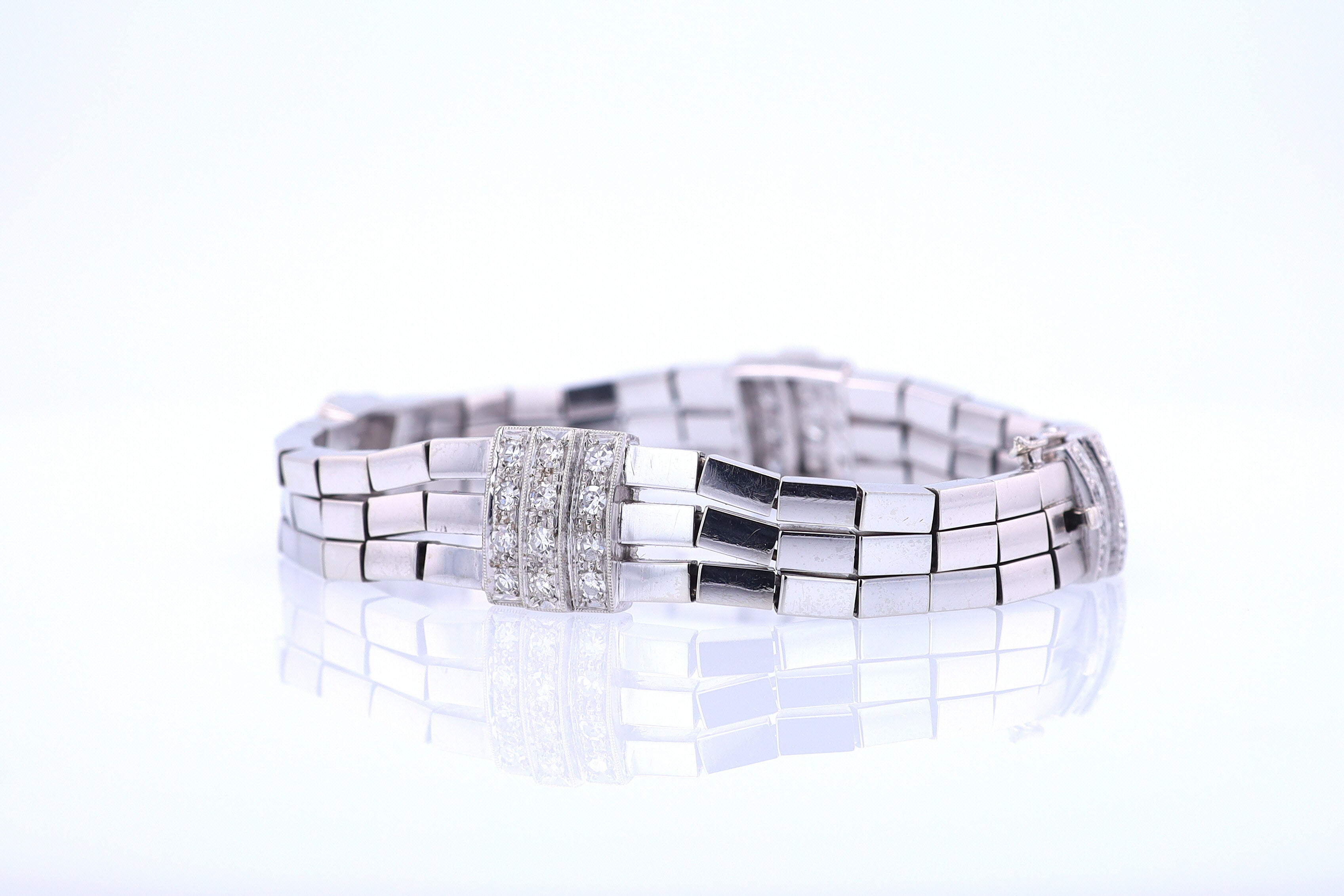 Retro 3 Strand 18k White Gold Pavé Diamond Bracelet