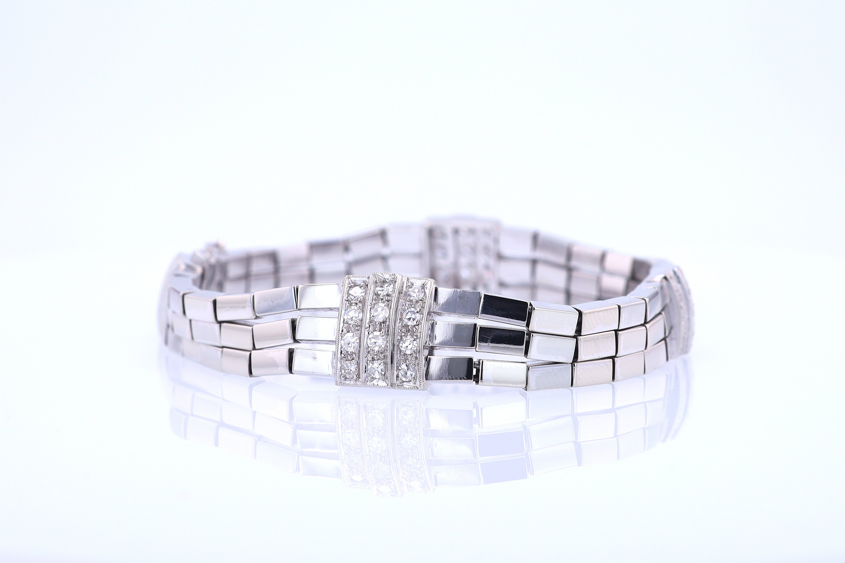 Retro 3 Strand 18k White Gold Pavé Diamond Bracelet