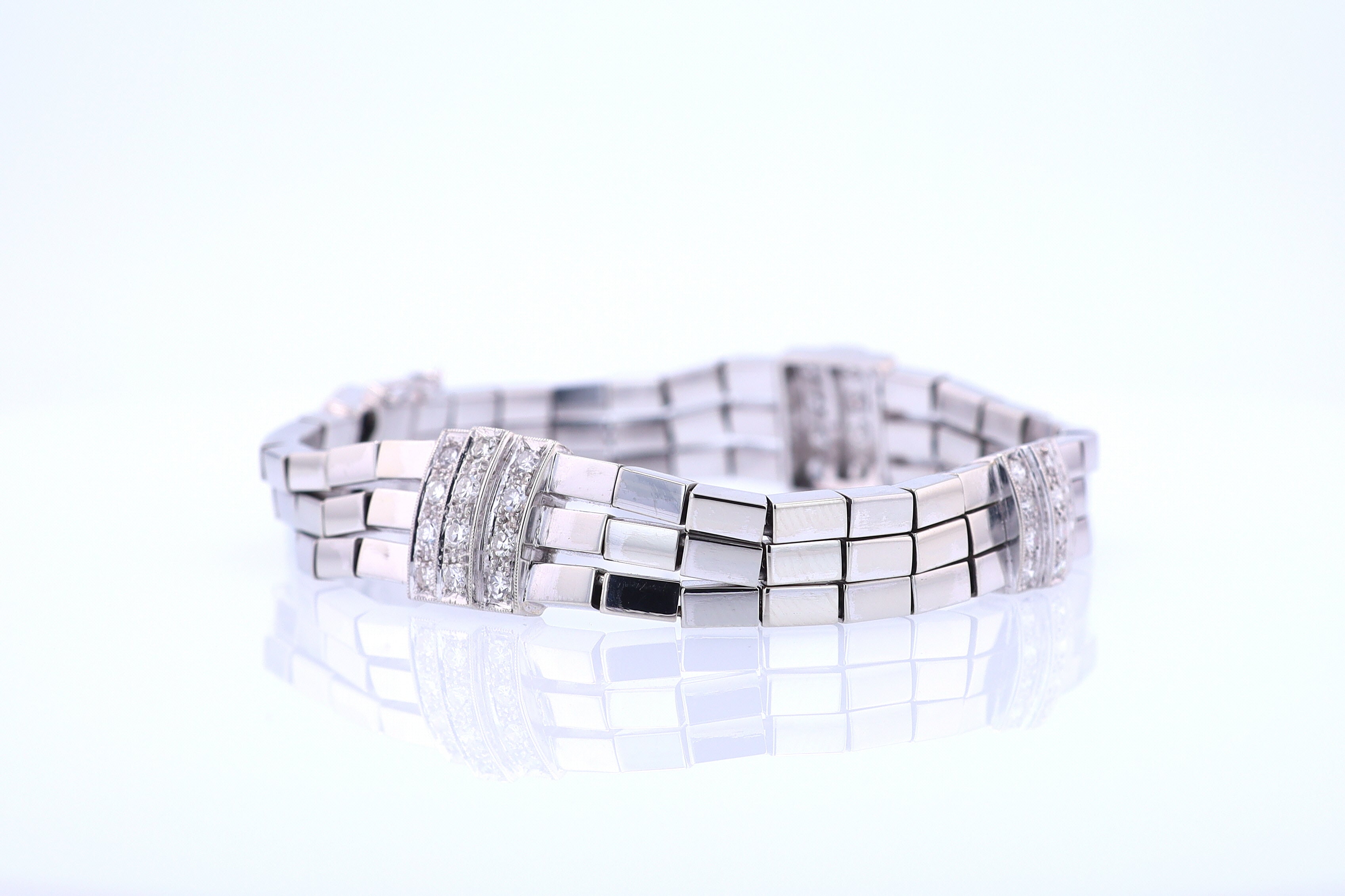 Retro 3 Strand 18k White Gold Pavé Diamond Bracelet