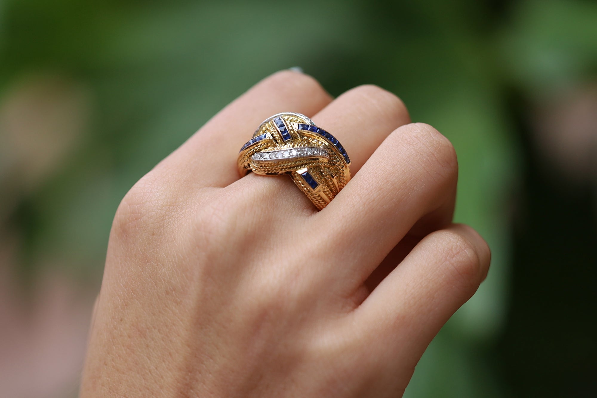 Braided Sapphire and Diamond Mid-Century Statement Ring