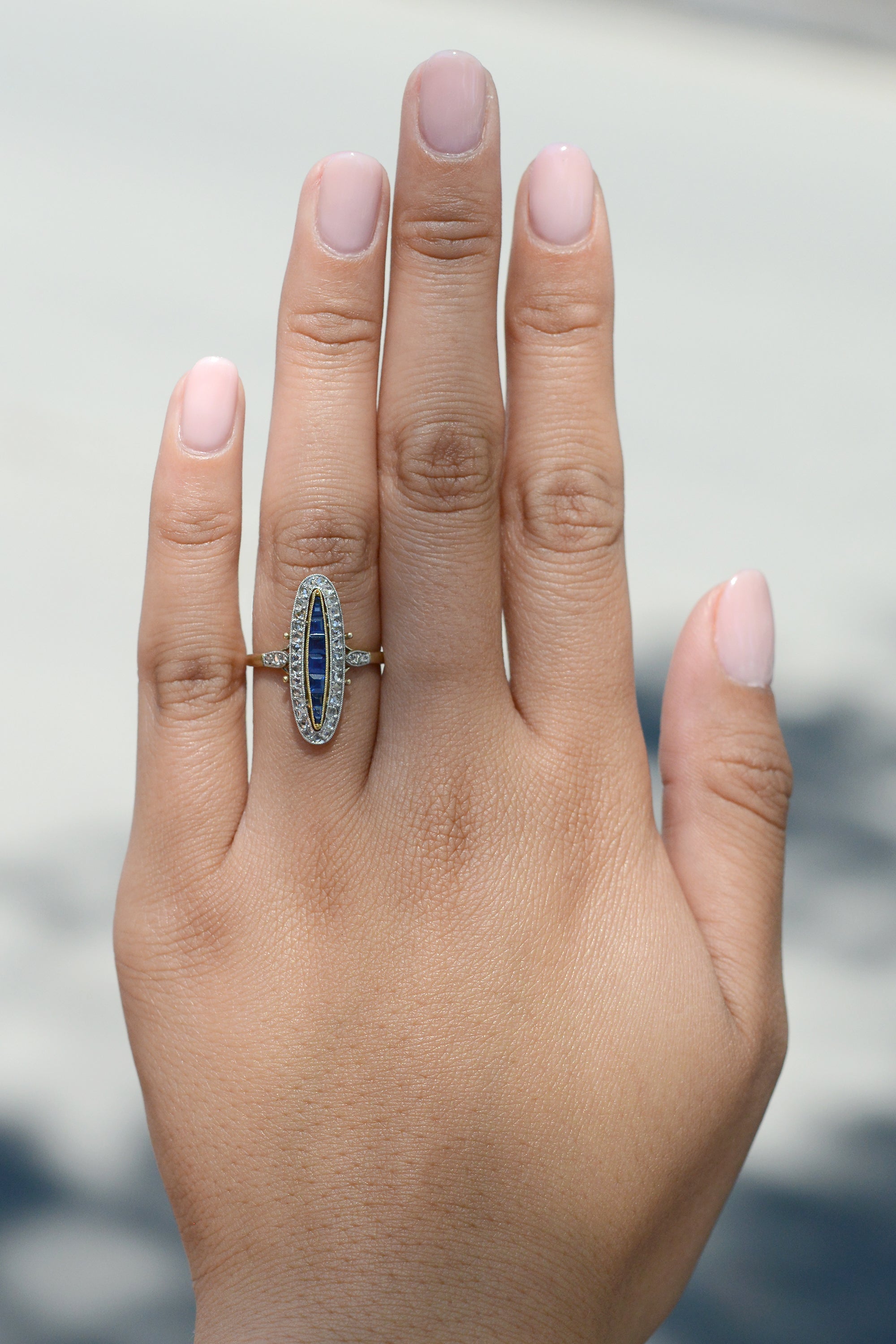 Sapphire and Diamond Edwardian Navette Ring