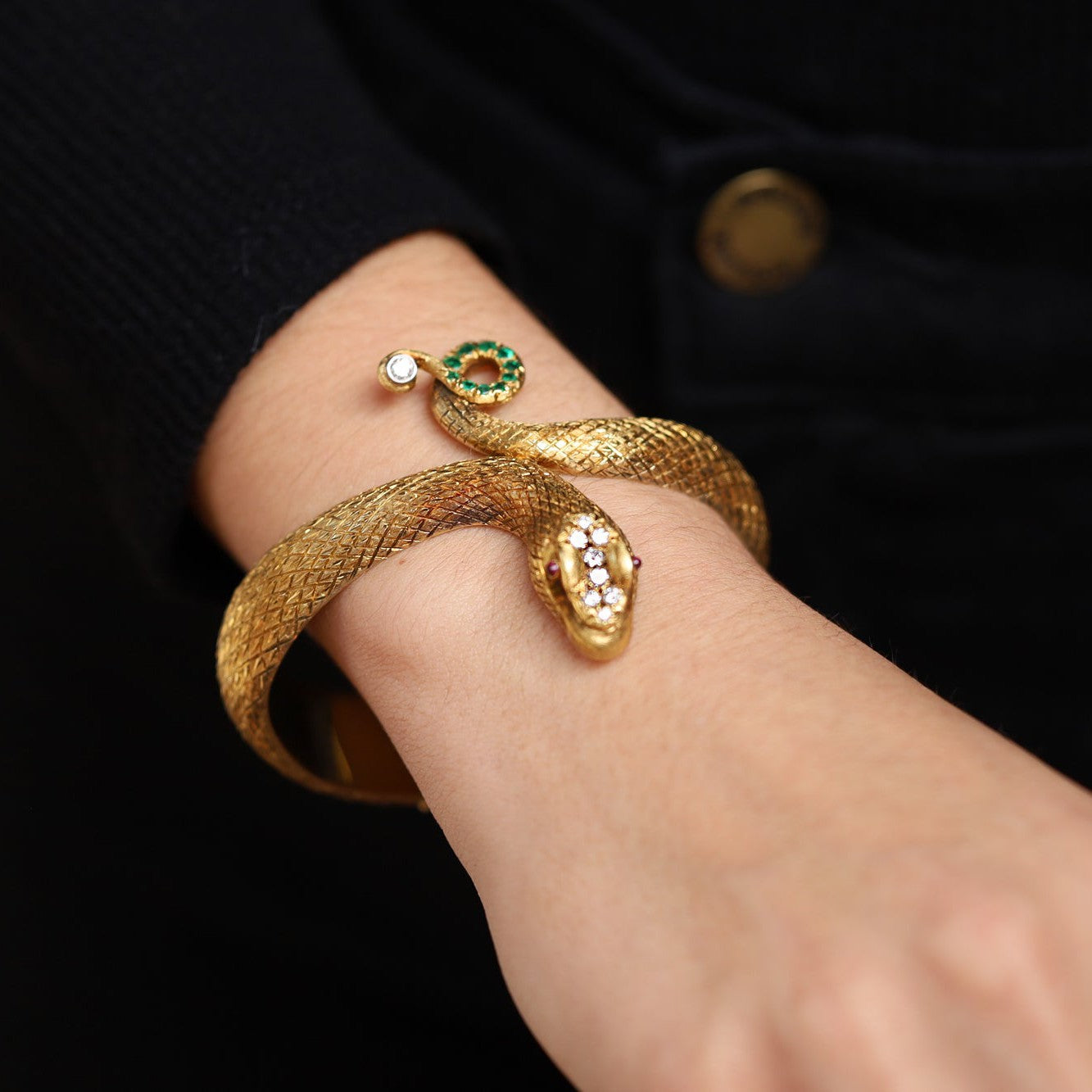 Signed CELLINO Vintage Diamond, Ruby & Emerald Snake Bracelet
