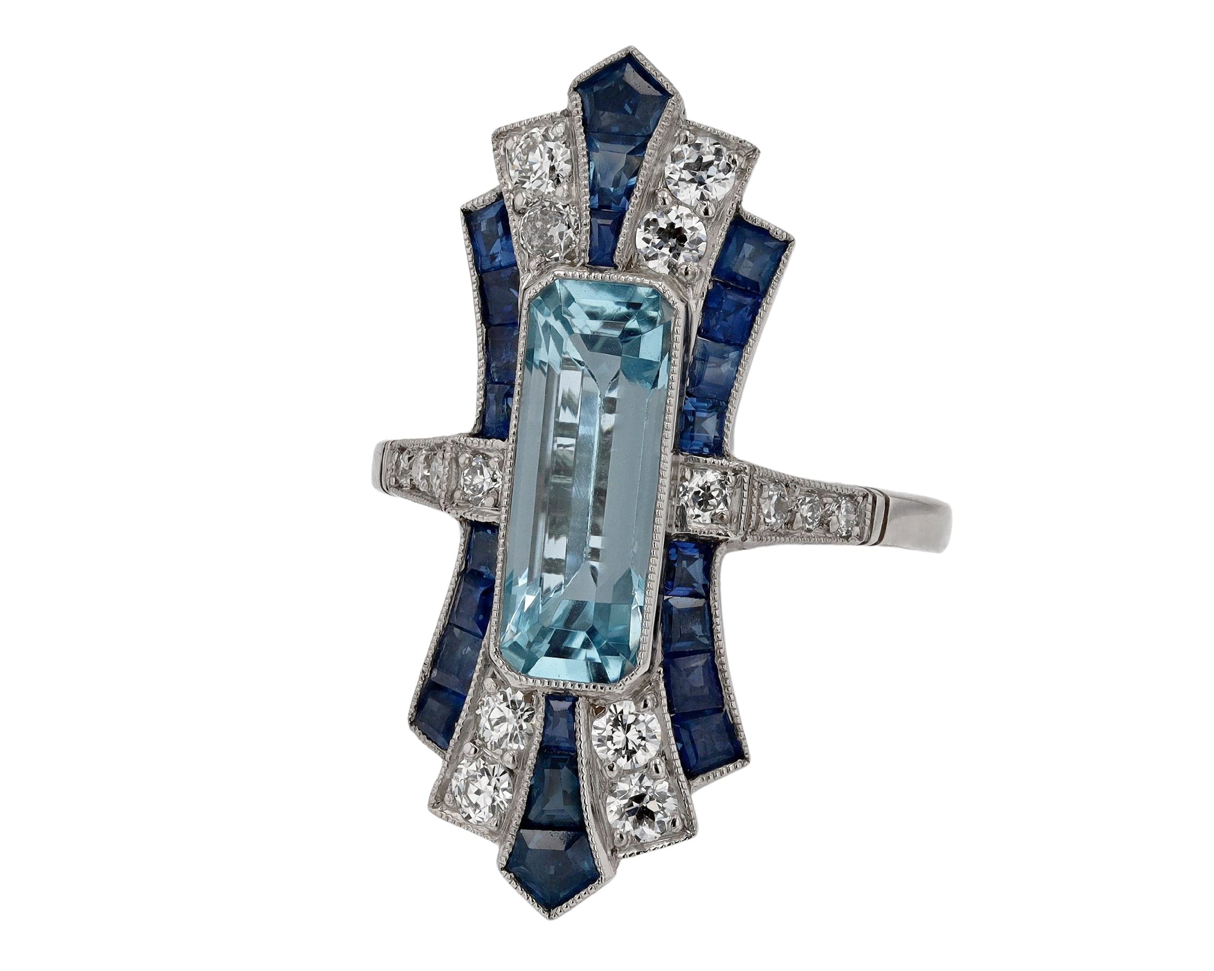 Sleek Art Deco Aquamarine and Sapphire Long Cocktail Ring