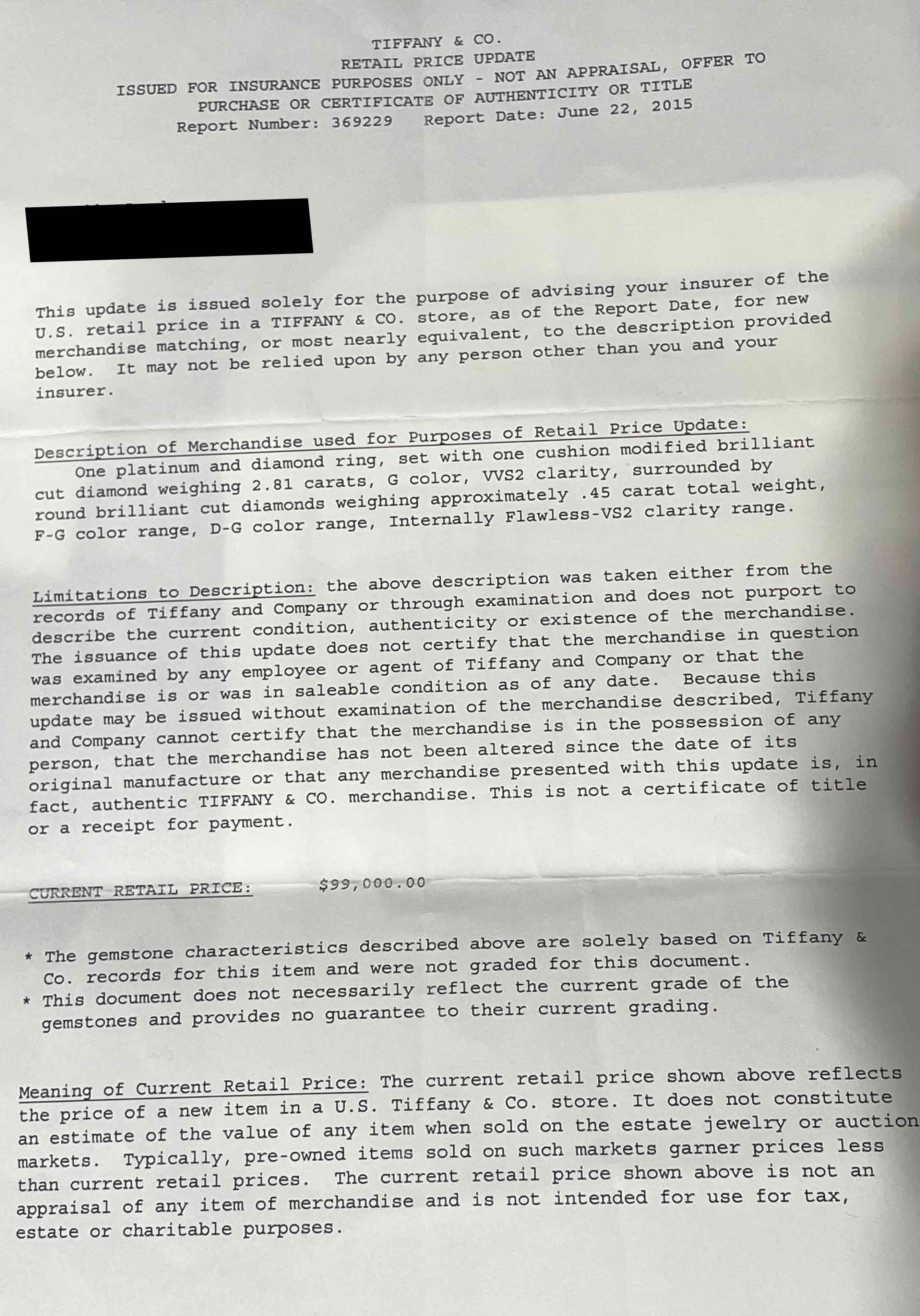 SOLD Tiffany & Co. 2.81 Carat Cushion Diamond Engagement Ring