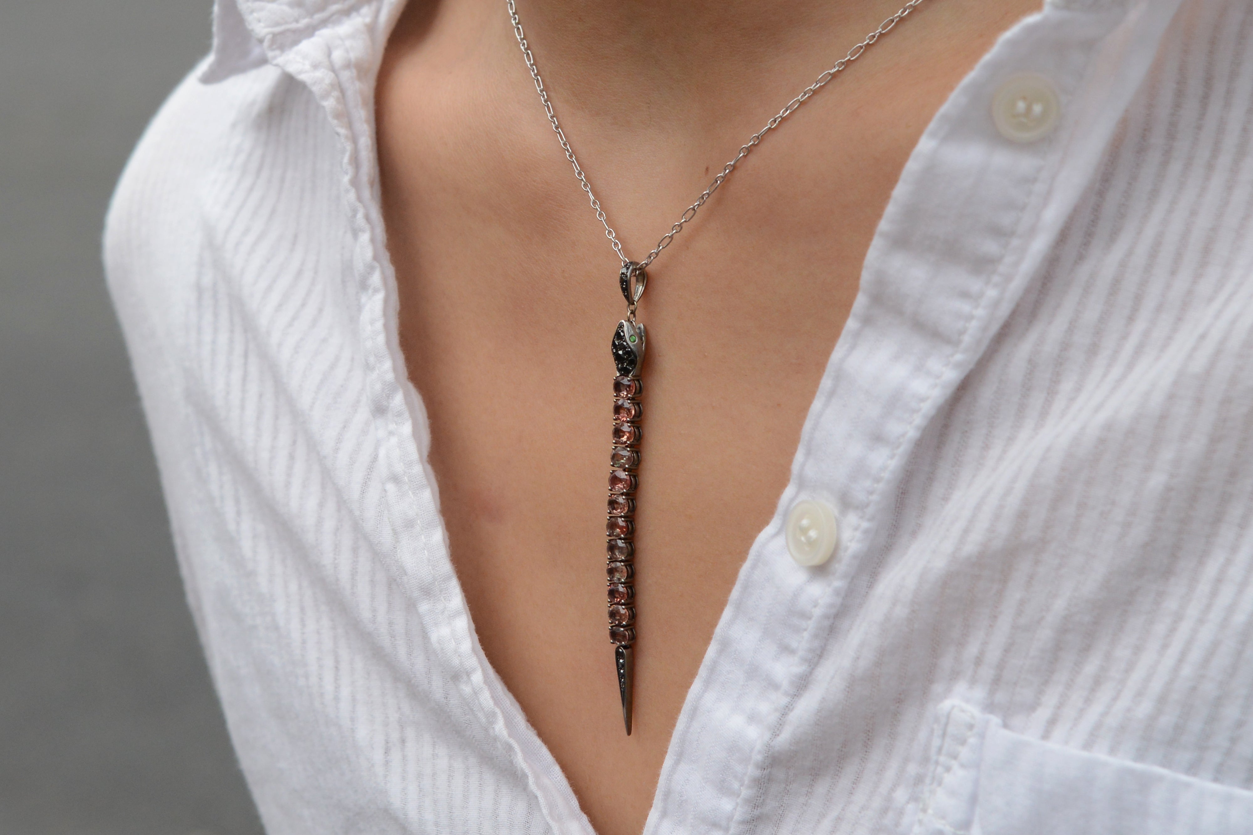 Tourmaline and Black Diamond Snake Pendant
