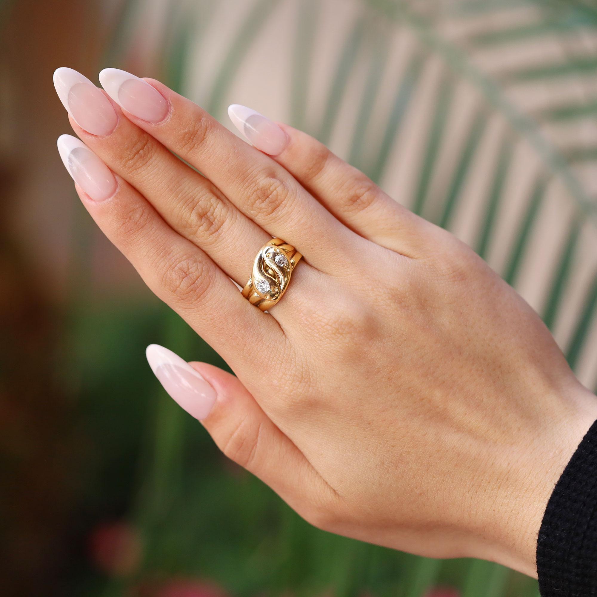 Romantic Victorian Old Mine Cut Diamond Double Snake Ring