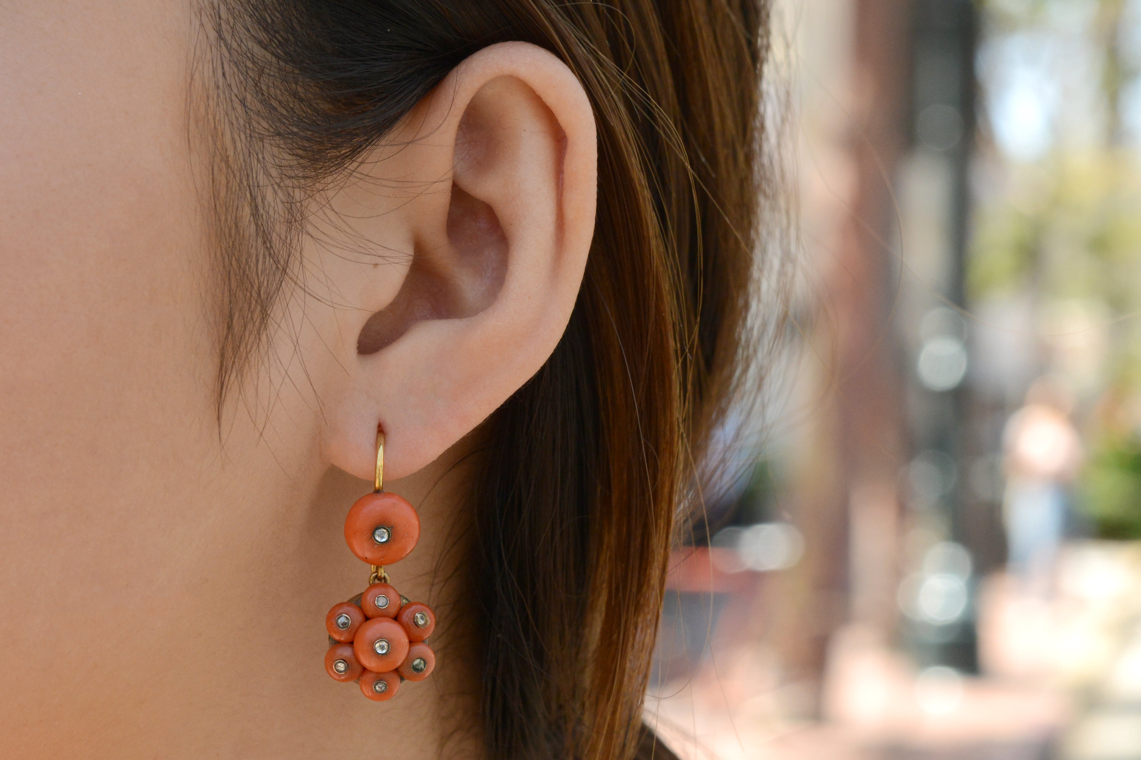 Victorian Coral and Rose Cut Diamond Drop Earrings