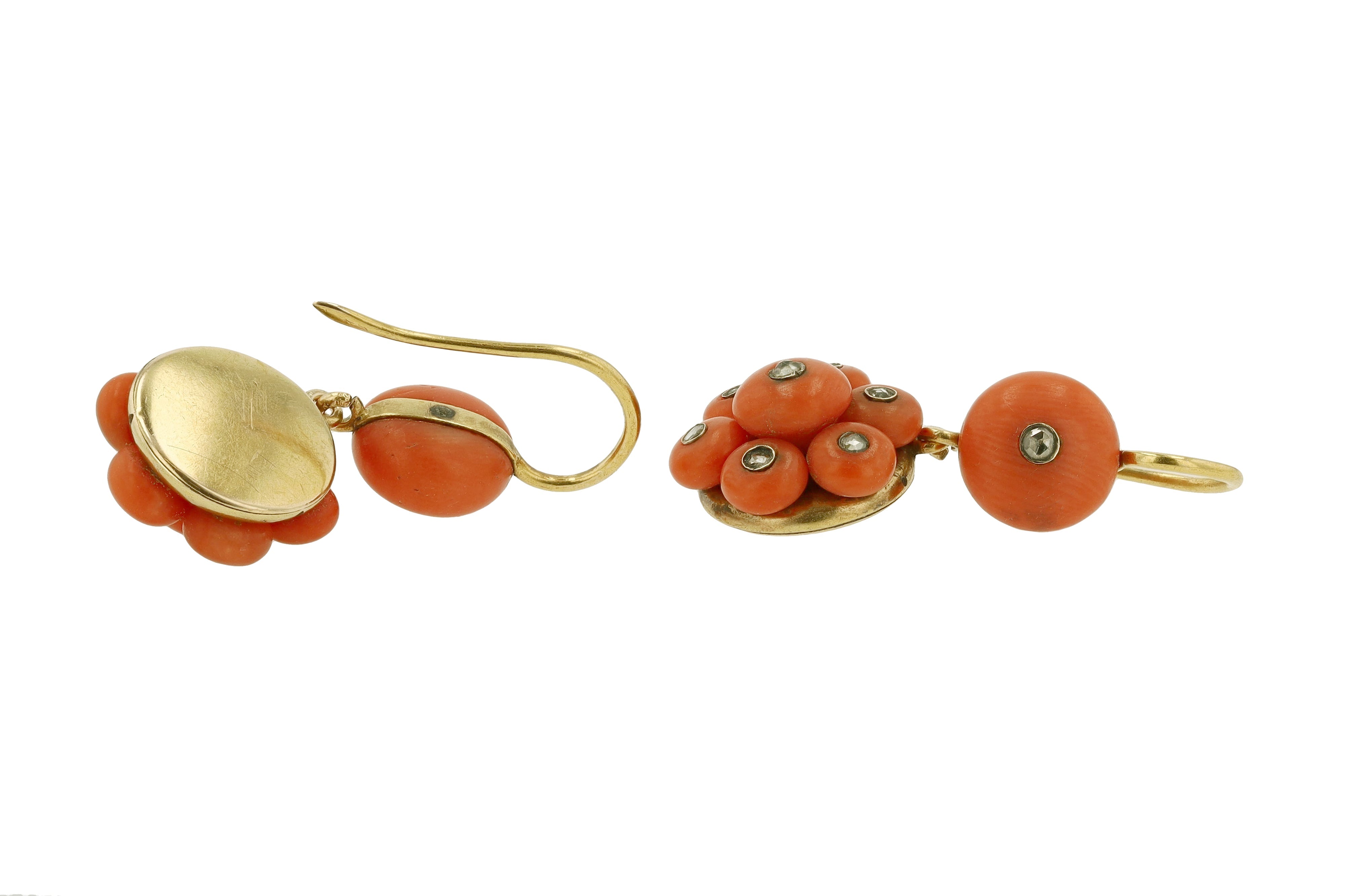 Victorian Coral and Rose Cut Diamond Drop Earrings