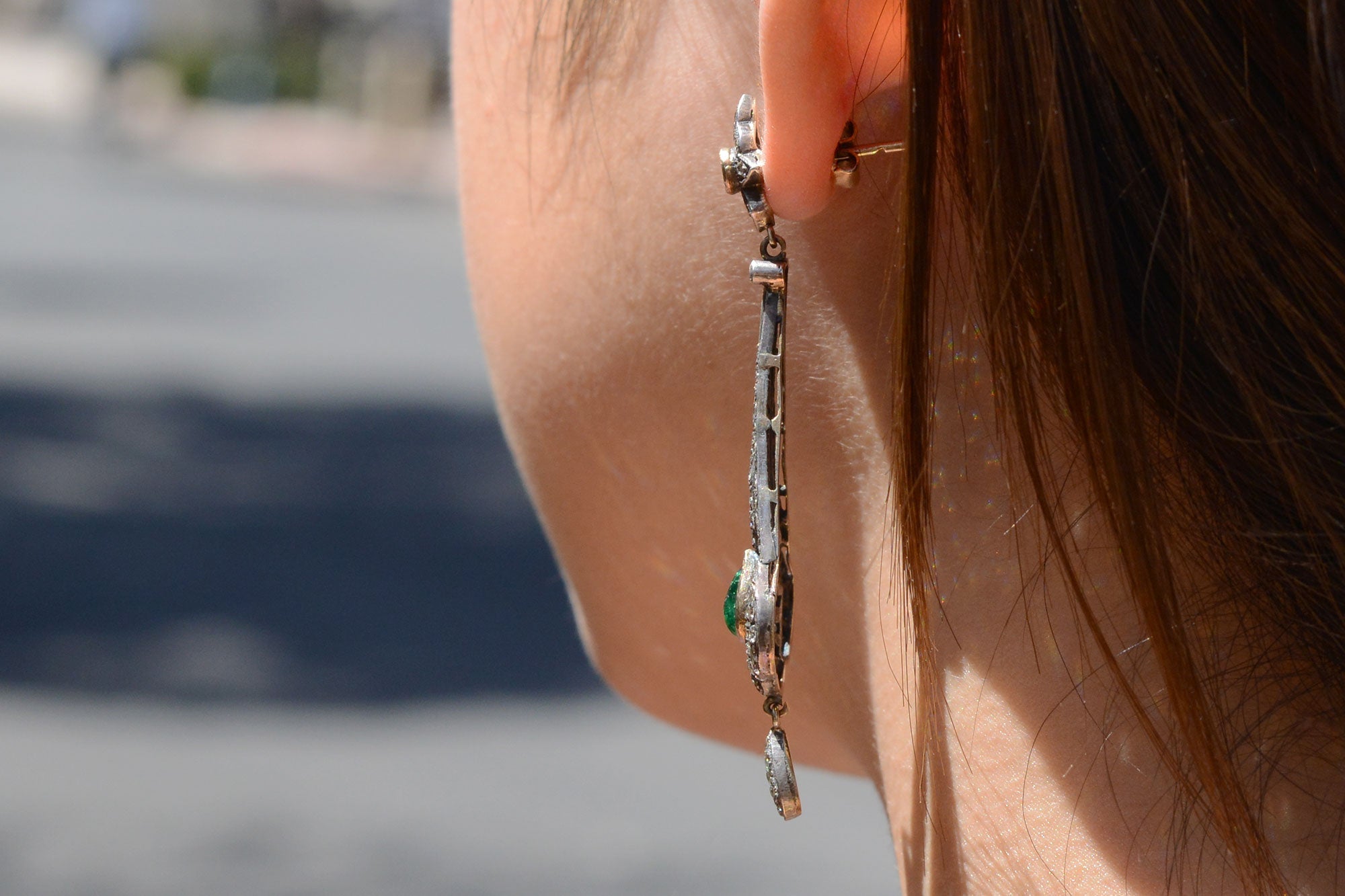 Victorian Revival Diamond and Emerald Chandelier Earrings