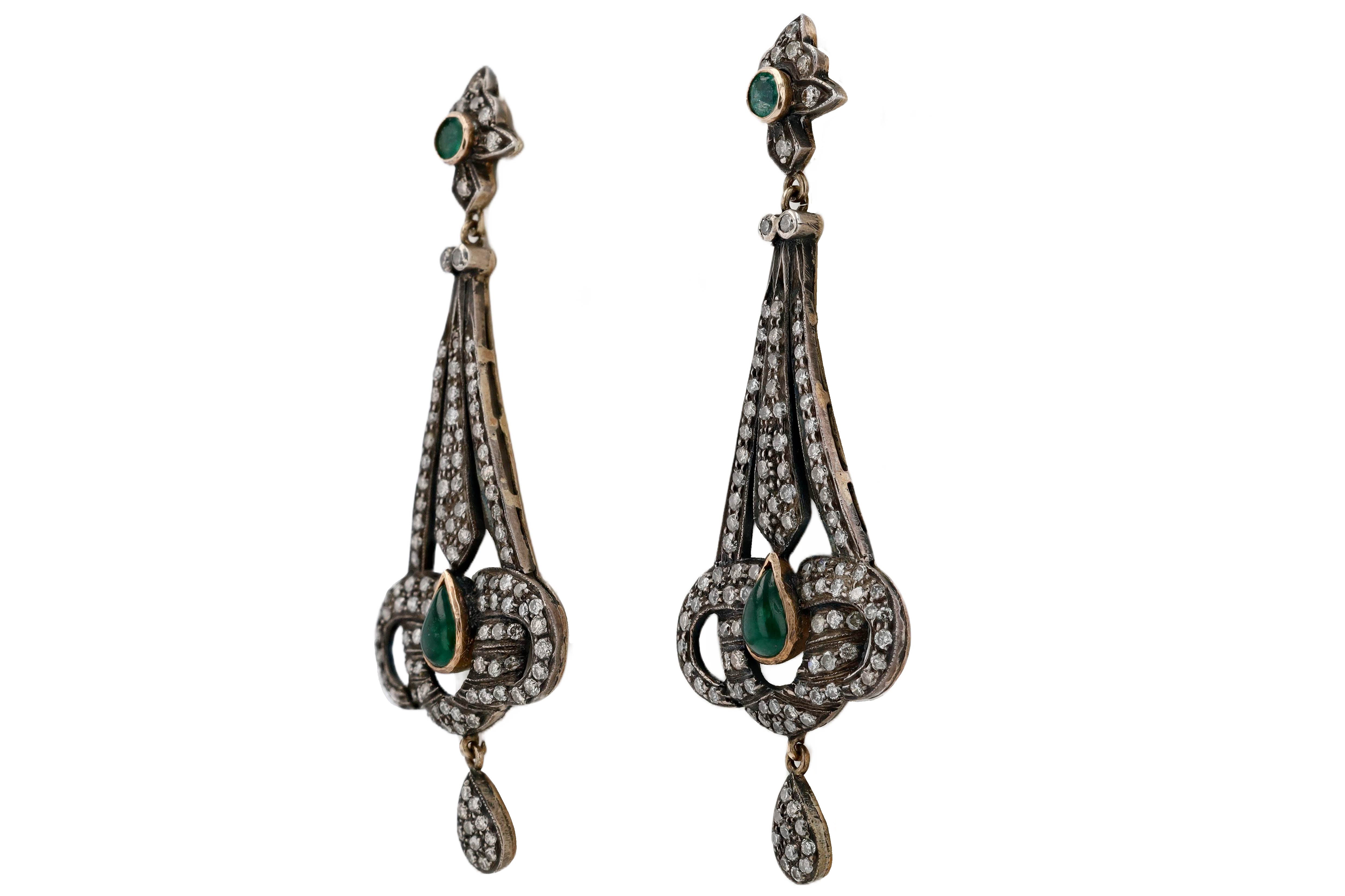 Victorian Revival Diamond and Emerald Chandelier Earrings