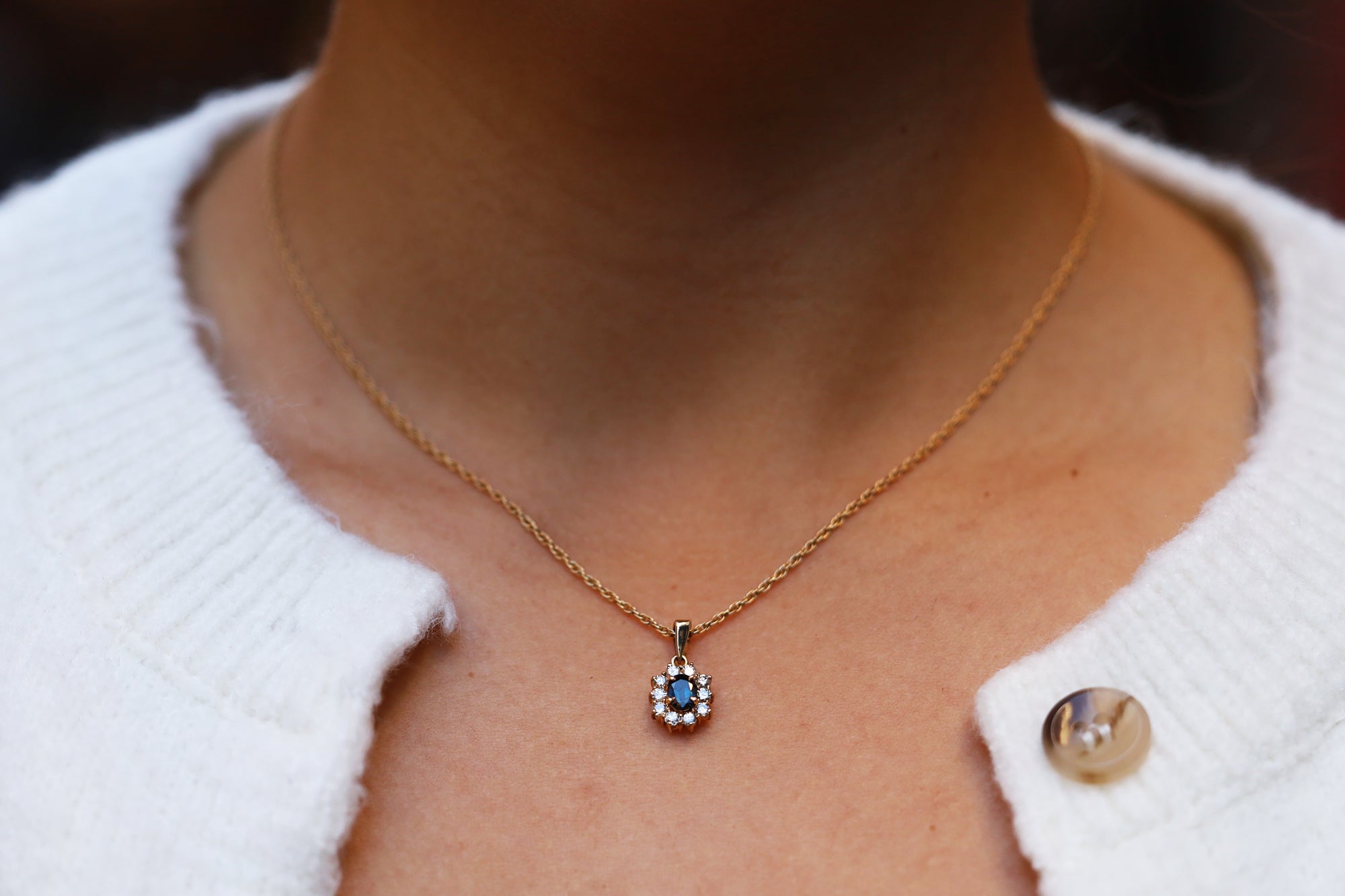 Vintage 0.48 Carat Blue Sapphire and Diamond Halo Necklace