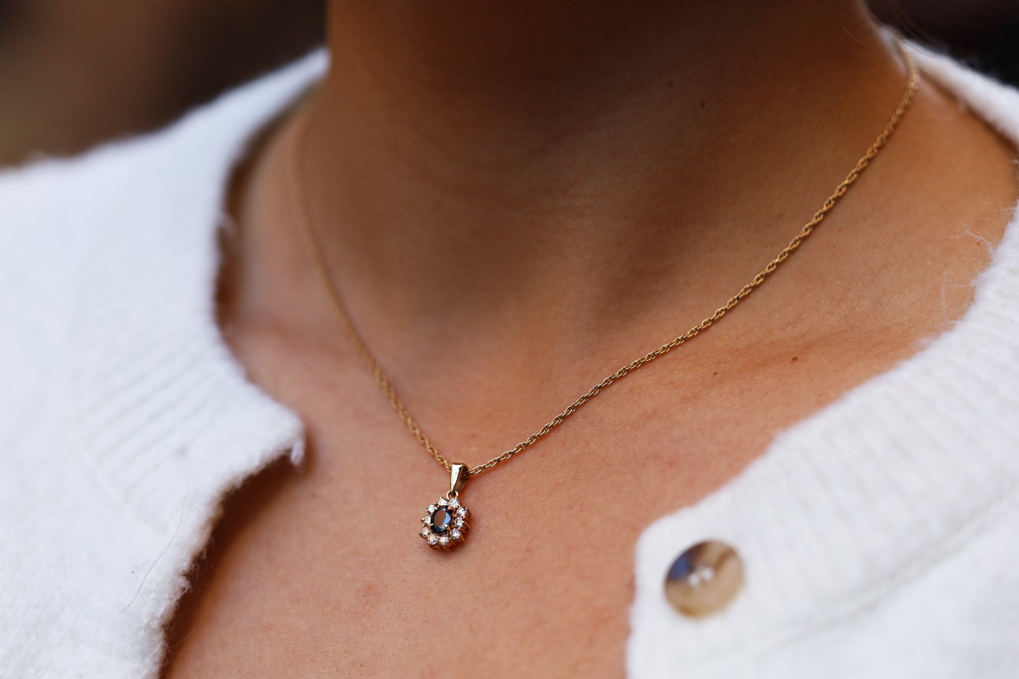 Vintage 0.48 Carat Blue Sapphire and Diamond Halo Necklace