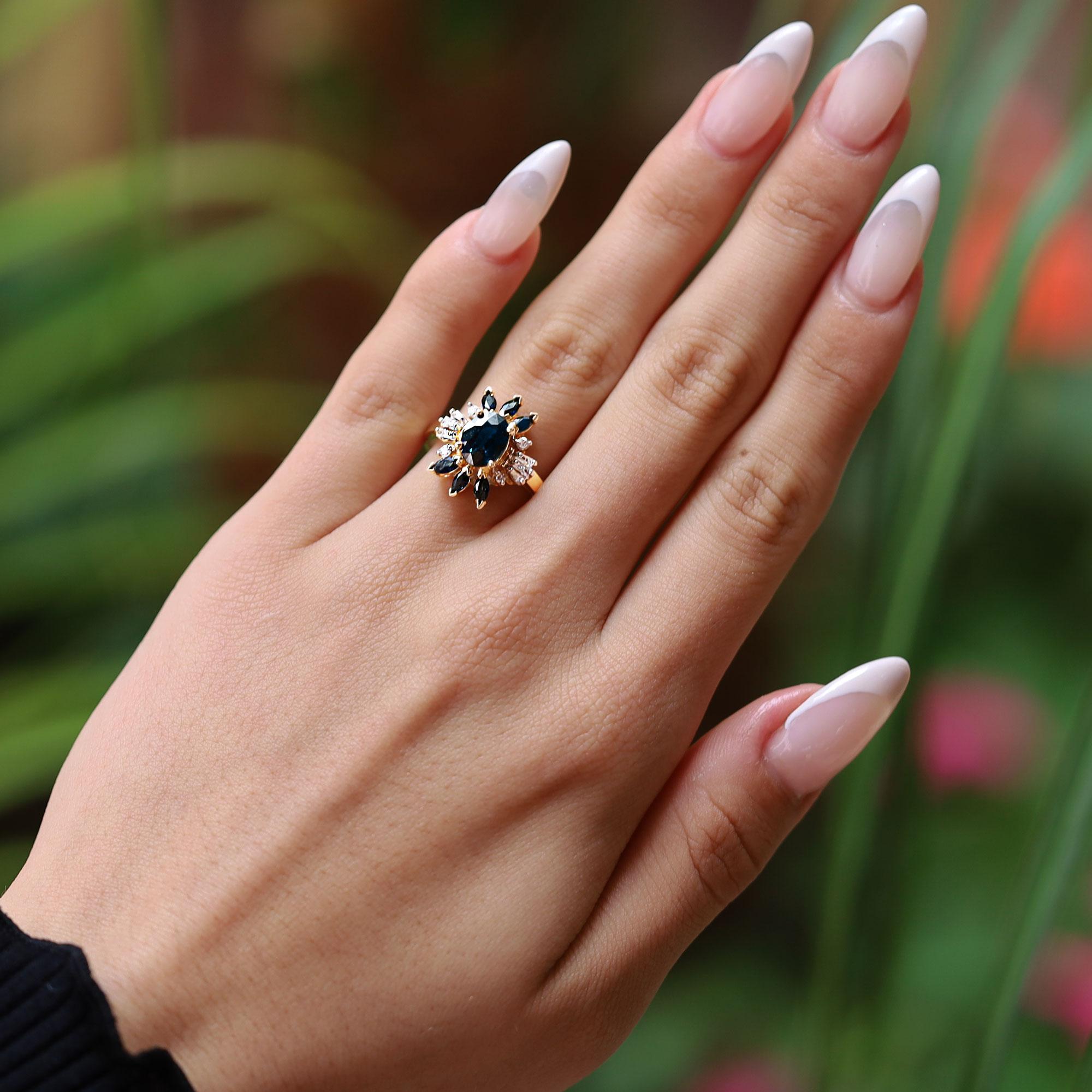 Mid Century Mod Space Age Sapphire and Diamond Cocktail Ring