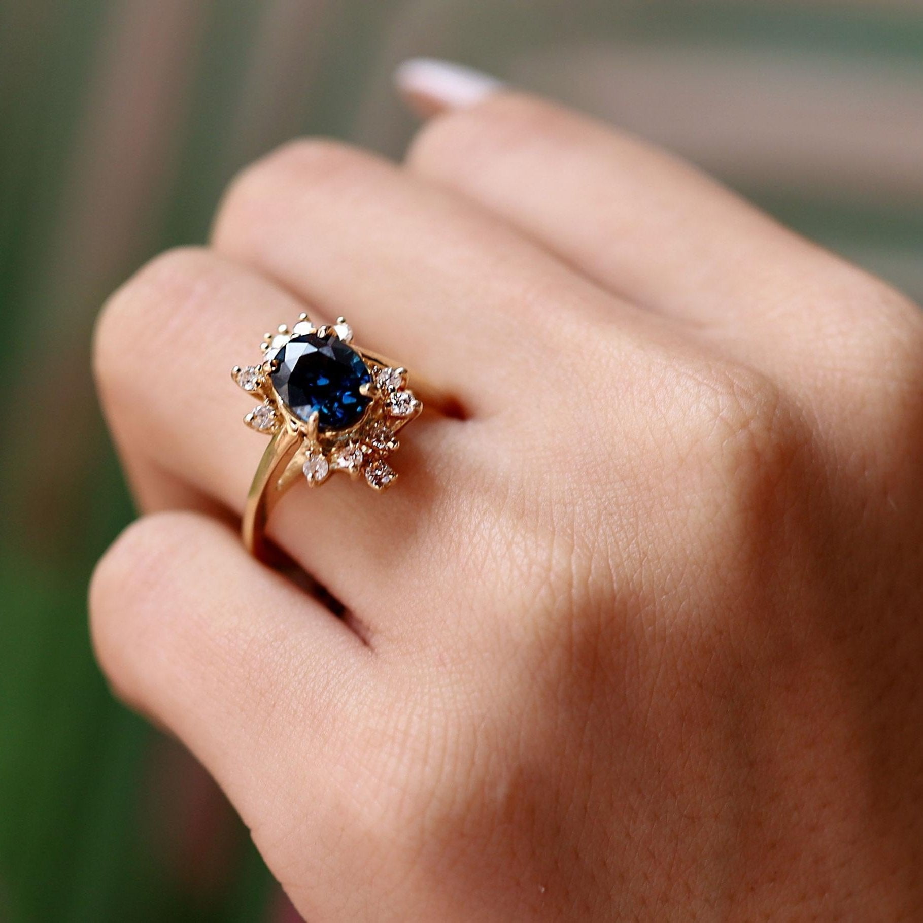 Mid Century Mod Space Age Sapphire and Diamond Cocktail Ring