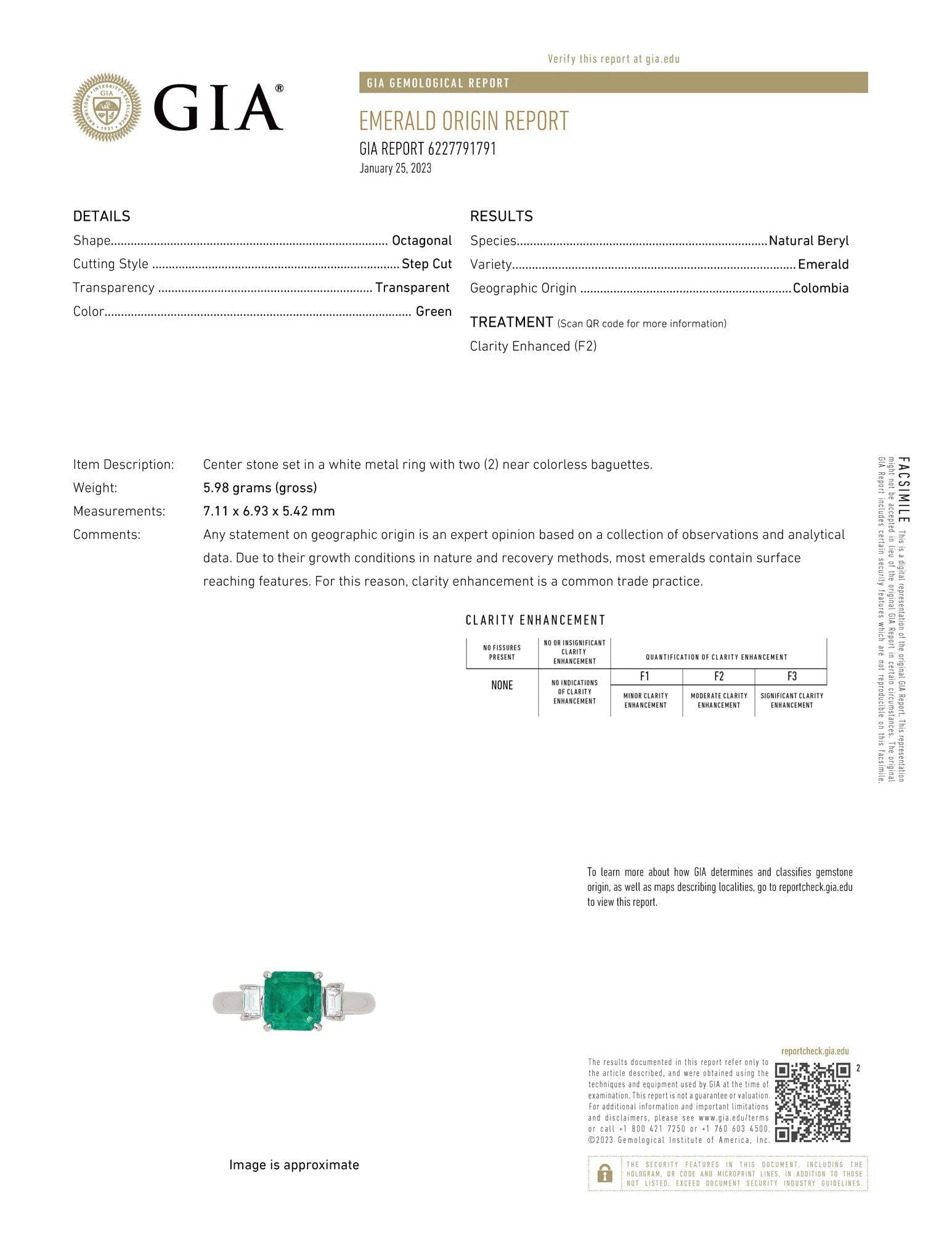 Vintage 1970s Estate GIA Certified Colombian 1.69 Carat Emerald & Diamond Ring