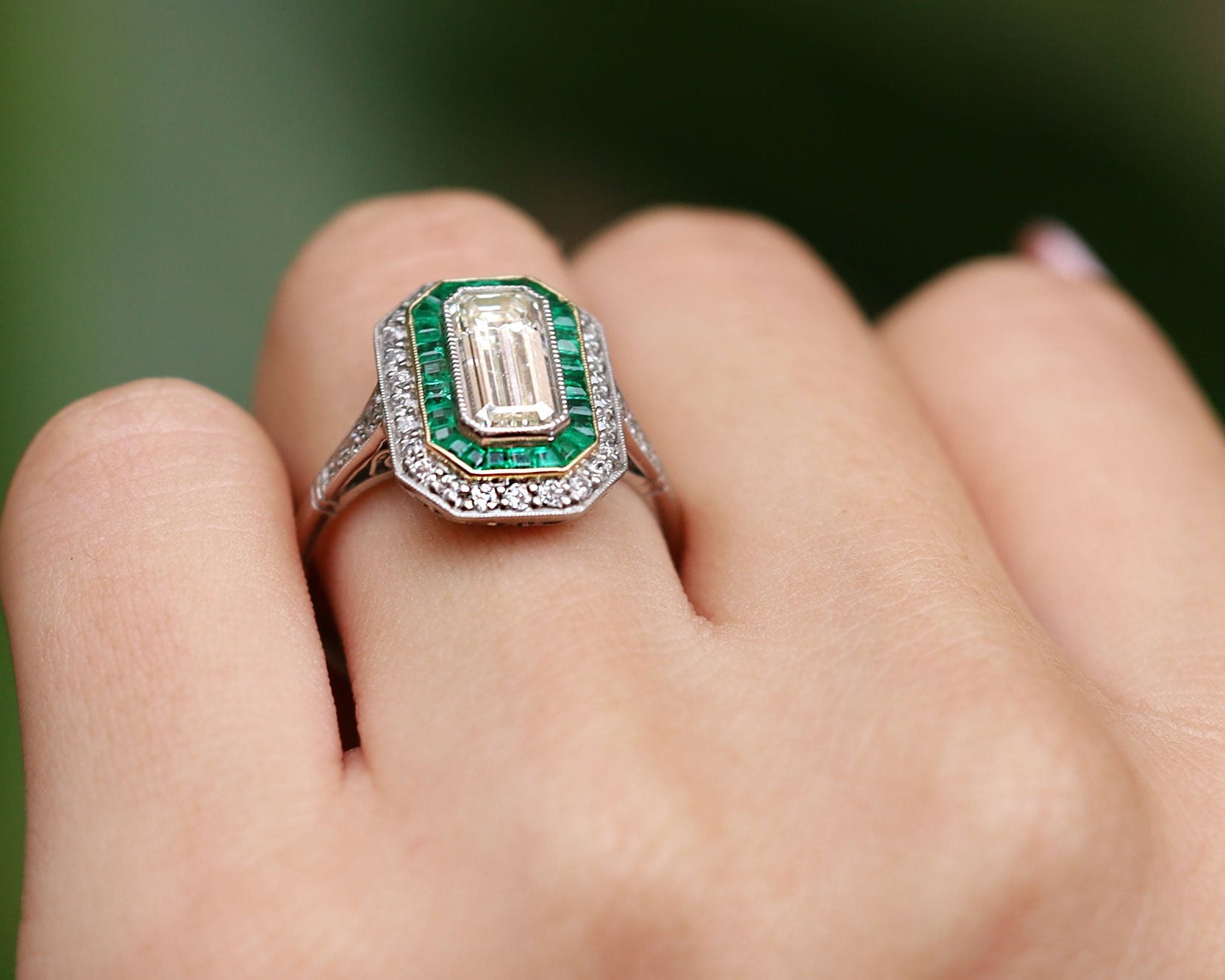 Vintage 1.45 Carat Emerald Cut Diamond & Emerald Engagement Ring