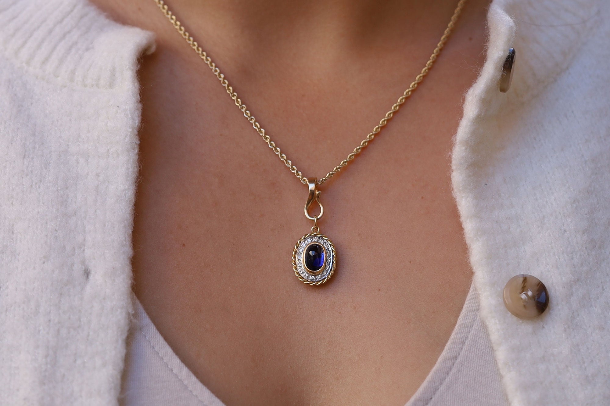 Vintage 2.50 Carat Cabochon Sapphire and Diamond Pendant Enhancer Necklace