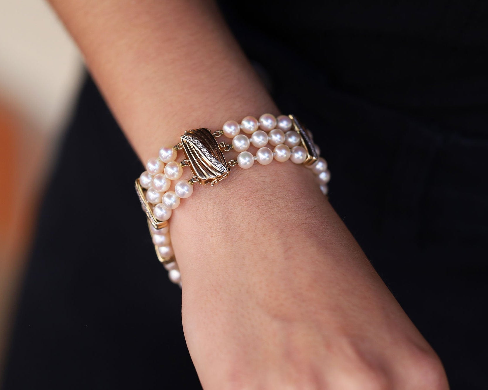 Vintage 3-Row Pearl Yellow Gold & Diamond Bracelet