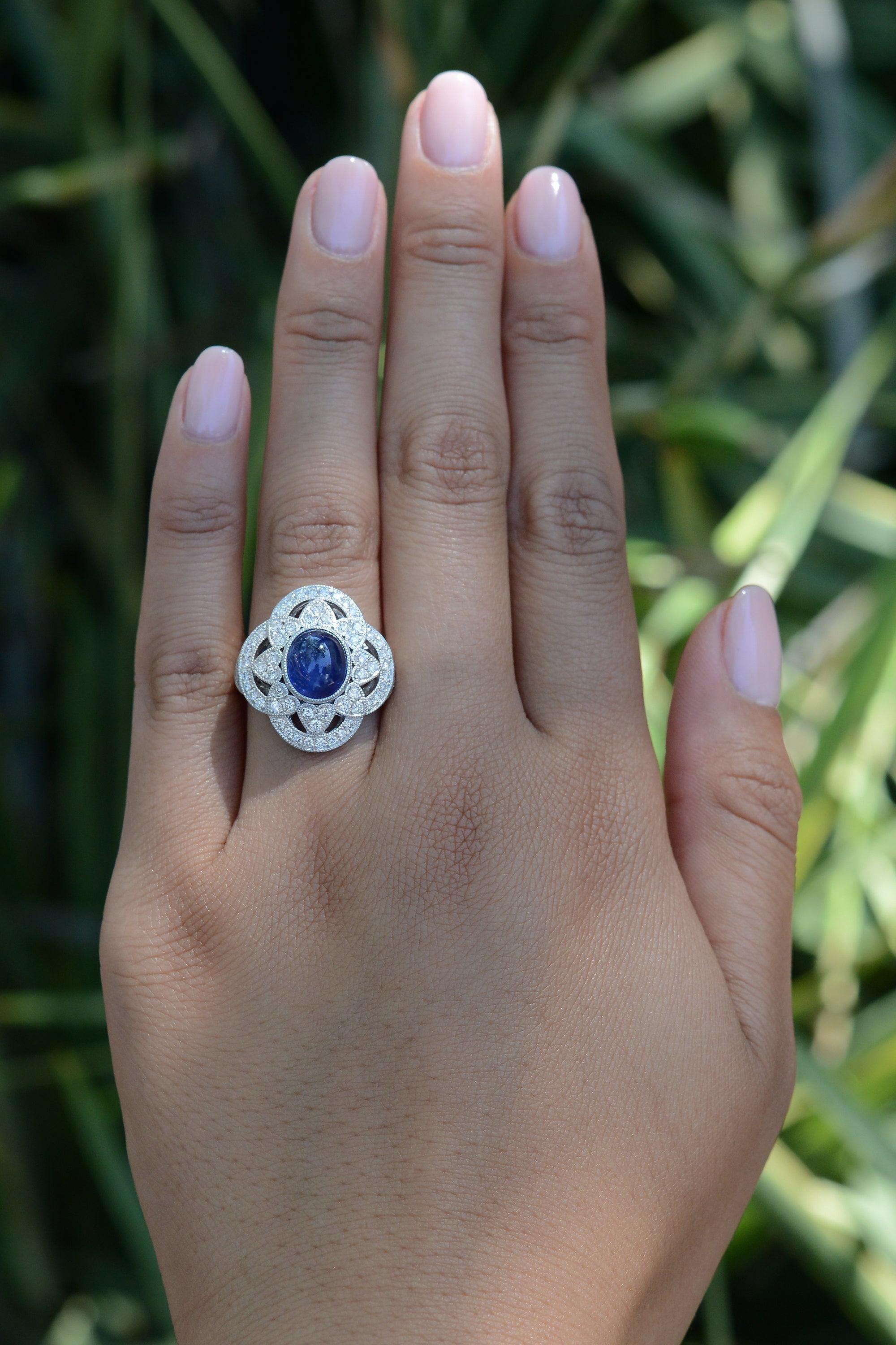Vintage 3.79ct Sapphire Cabochon and Diamond Quatrefoil Ring
