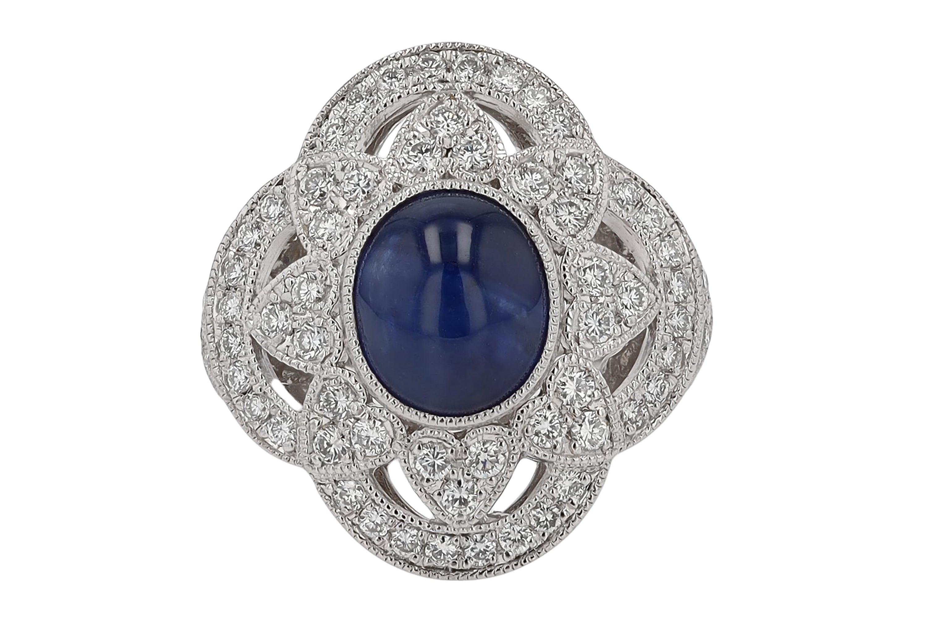 Vintage 3.79ct Sapphire Cabochon and Diamond Quatrefoil Ring