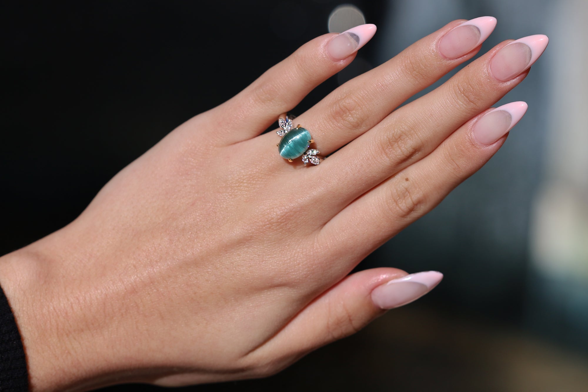 Vintage 4 Carat Cat's Eye Indicolite Tourmaline and Diamond Cocktail Ring