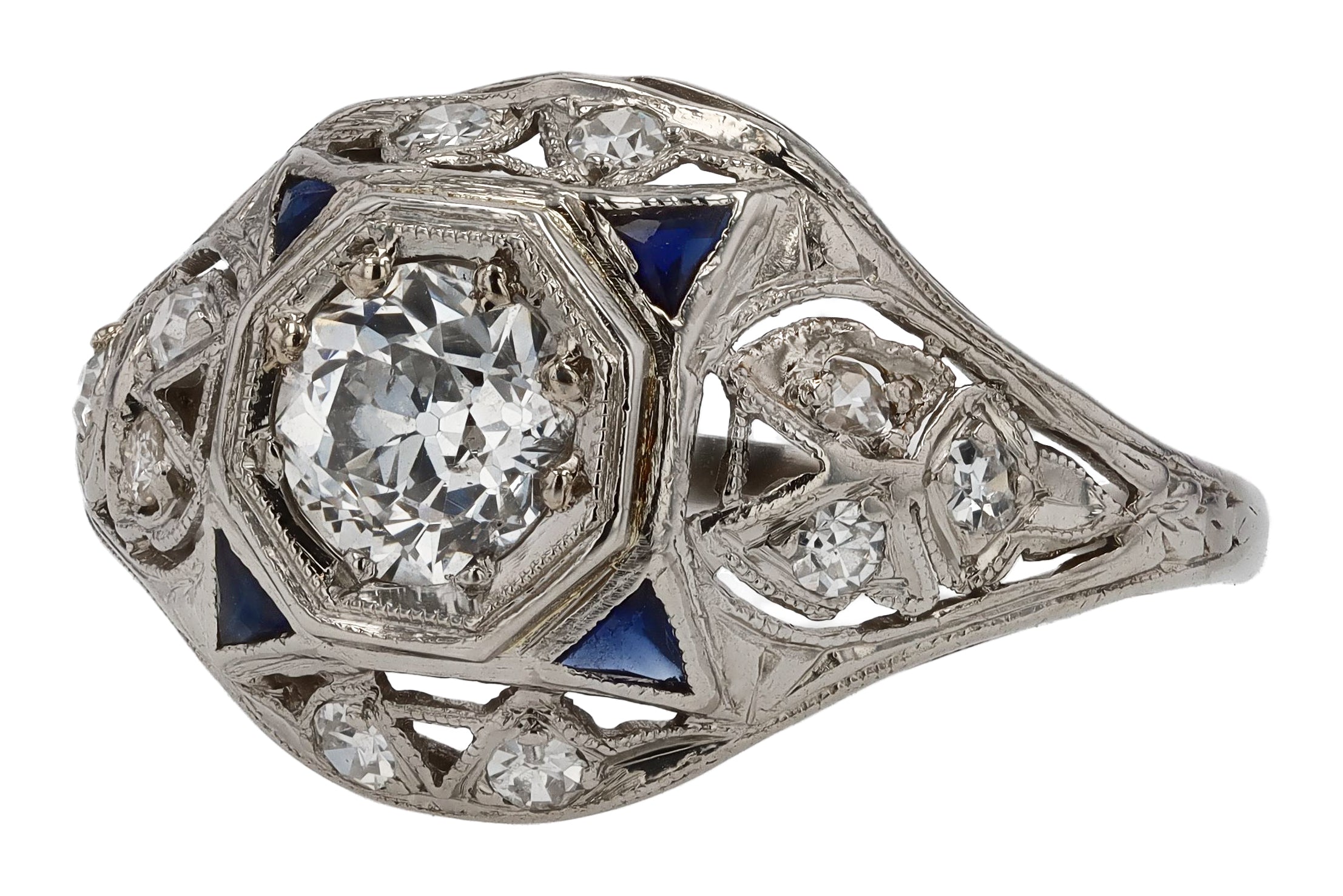 Vintage Art Deco Filigree European Cut Diamond Dome Engagement Ring