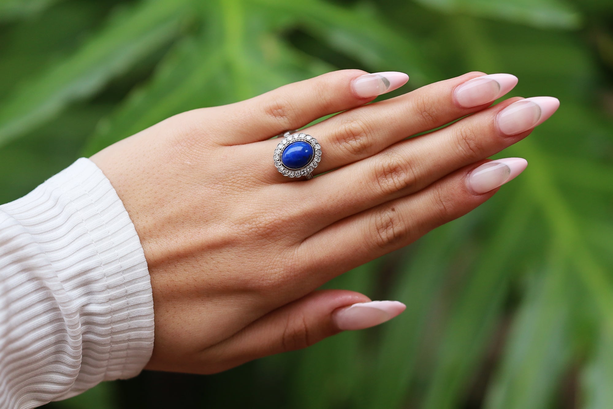 Vintage Art Deco Style Lapis Lazuli Diamond Platinum Gemstone Engagement Ring