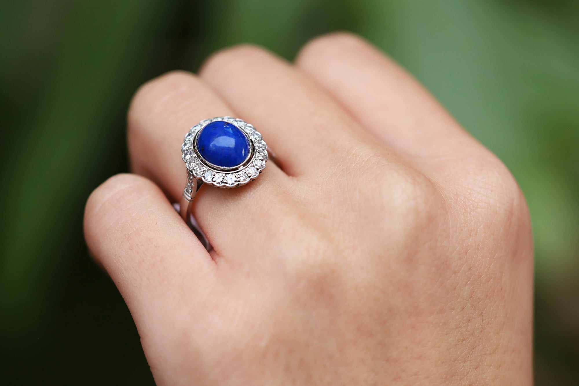 Vintage Art Deco Style Lapis Lazuli Diamond Platinum Gemstone Engagement Ring
