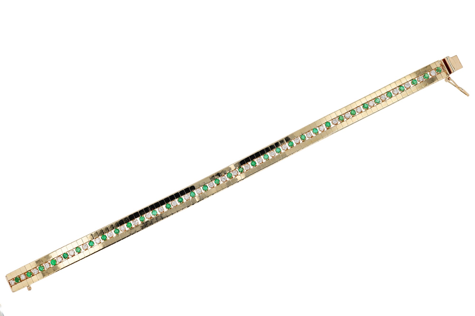 Vintage Diamond and Emerald 14K Yellow Gold Tennis Bracelet