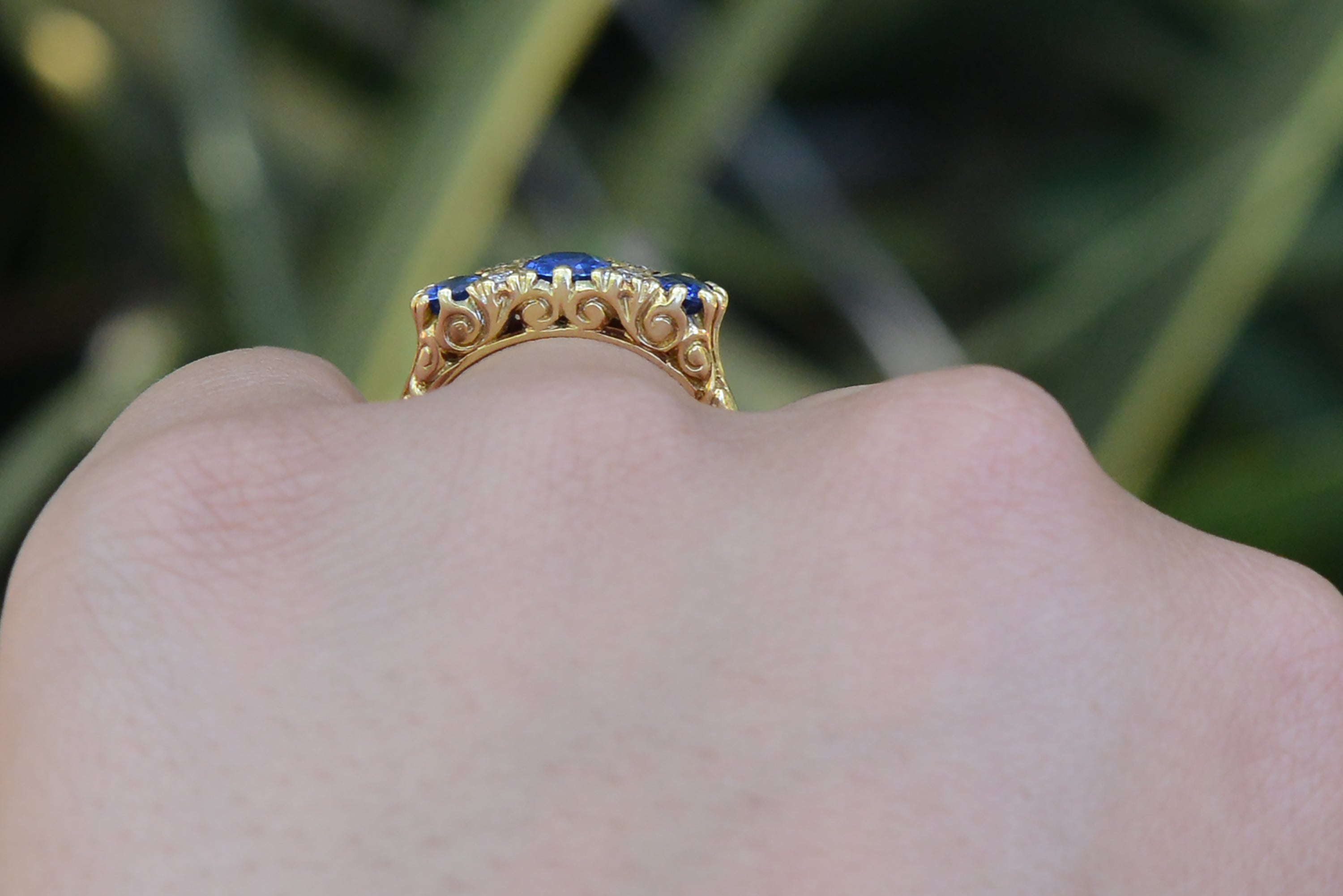 Vintage English 3-Stone Sapphire Diamond Trilogy Ring