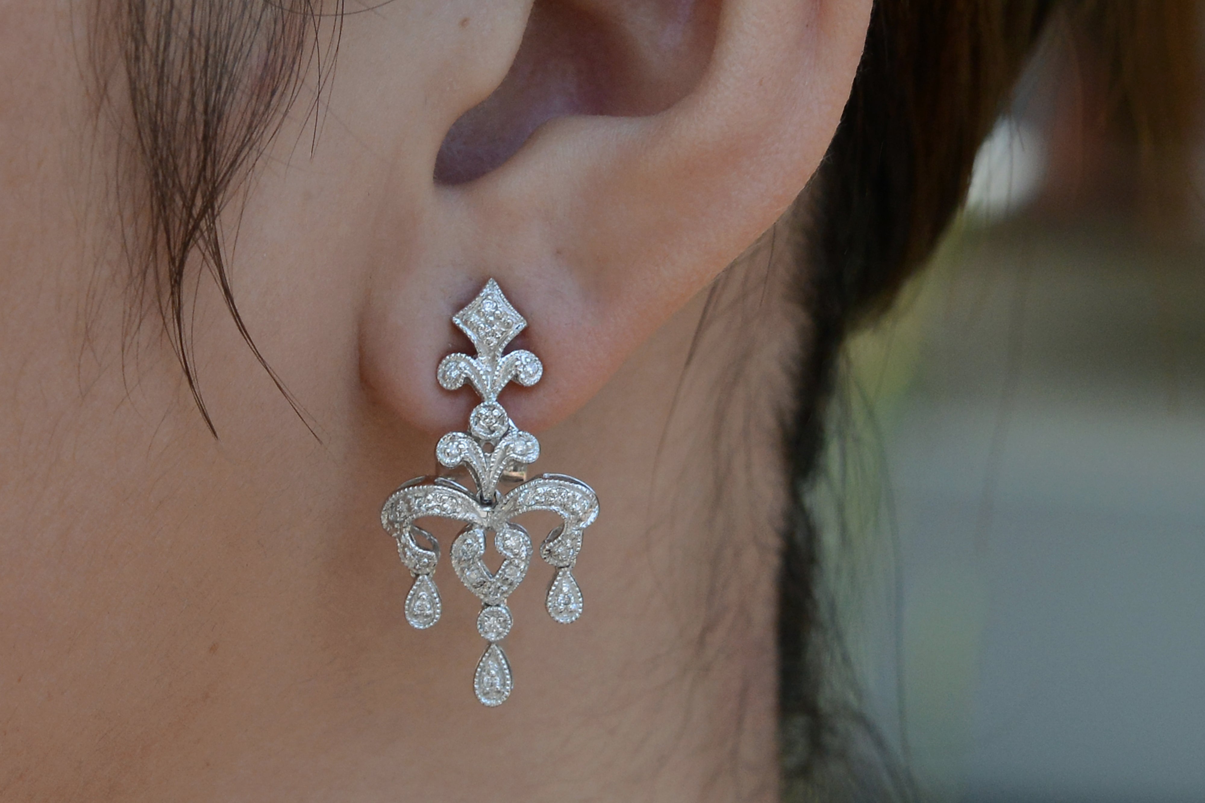 Vintage Estate Fleur des Lis Diamond Dangle Chandelier Earrings