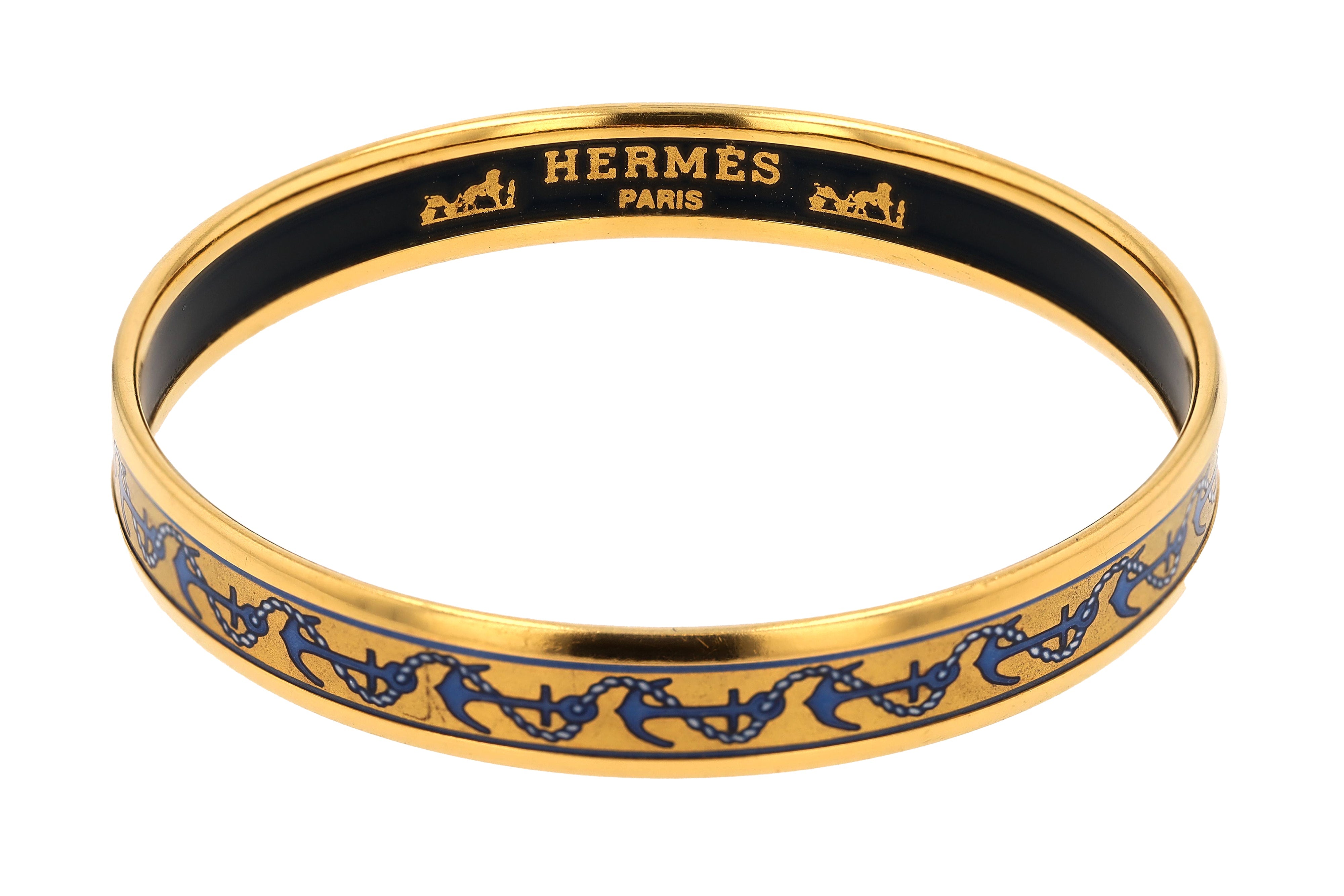 Vintage Hermes Gold Plated Enamel Anchor Bangle Bracelet